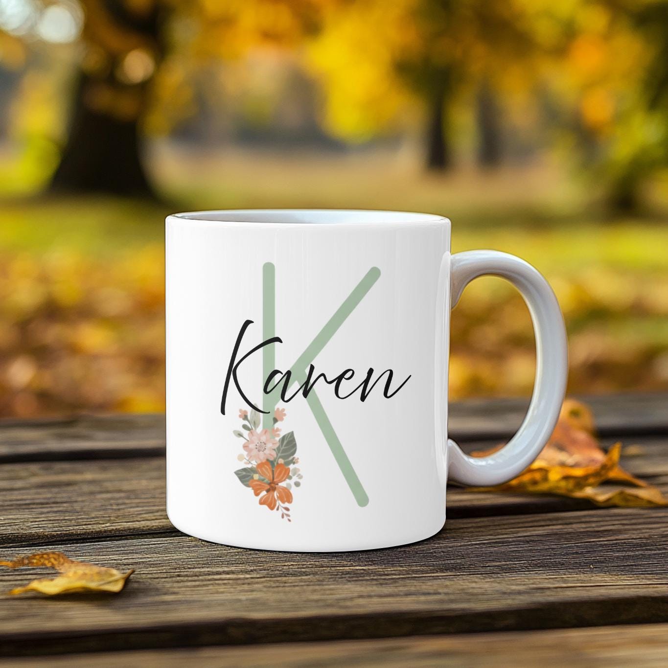 Personalized Initial Mug, Custom Name Floral Coffee Cup, Minimalist Botanical Gift, Flower Monogram Mug for Mom
