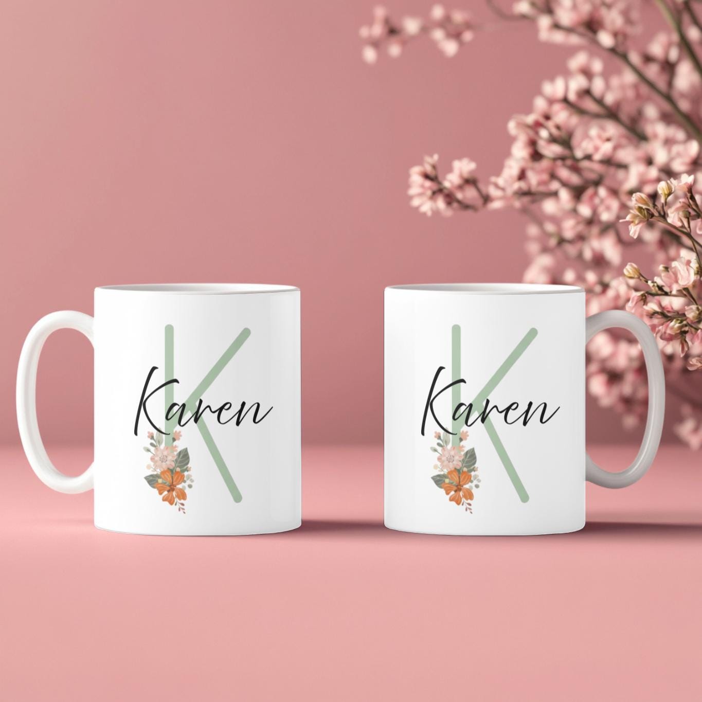 Personalized Initial Mug, Custom Name Floral Coffee Cup, Minimalist Botanical Gift, Flower Monogram Mug for Mom