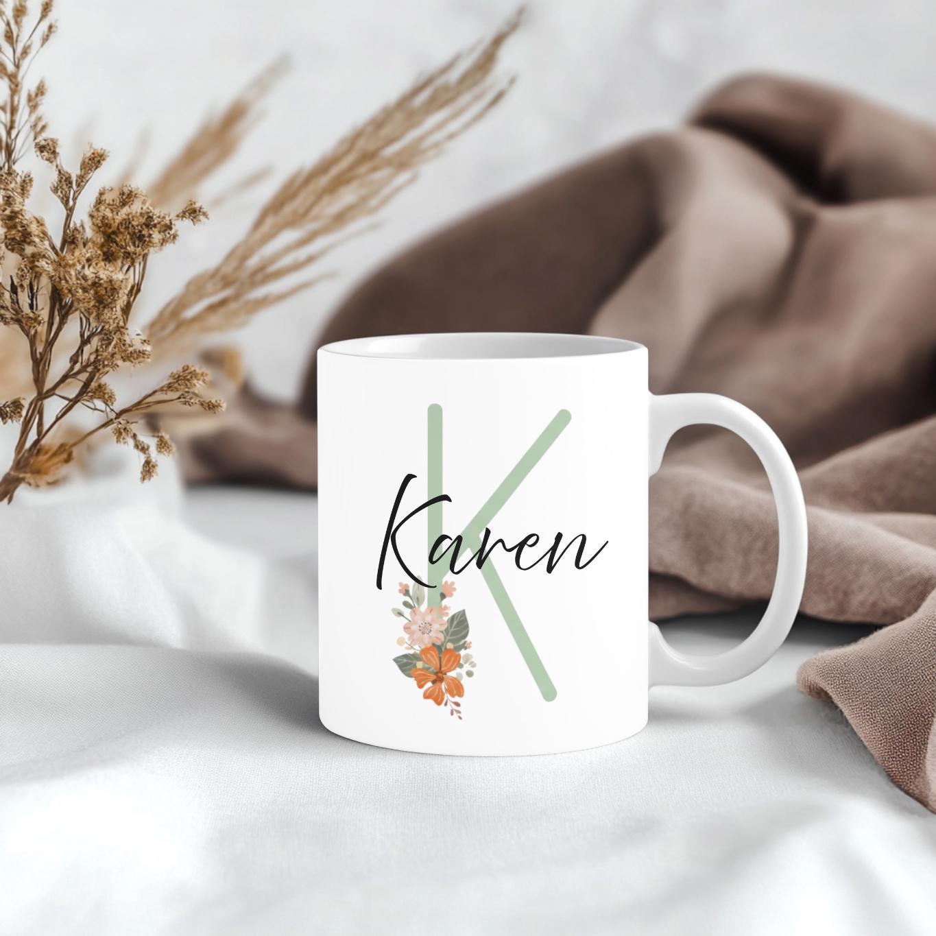 Personalized Initial Mug, Custom Name Floral Coffee Cup, Minimalist Botanical Gift, Flower Monogram Mug for Mom