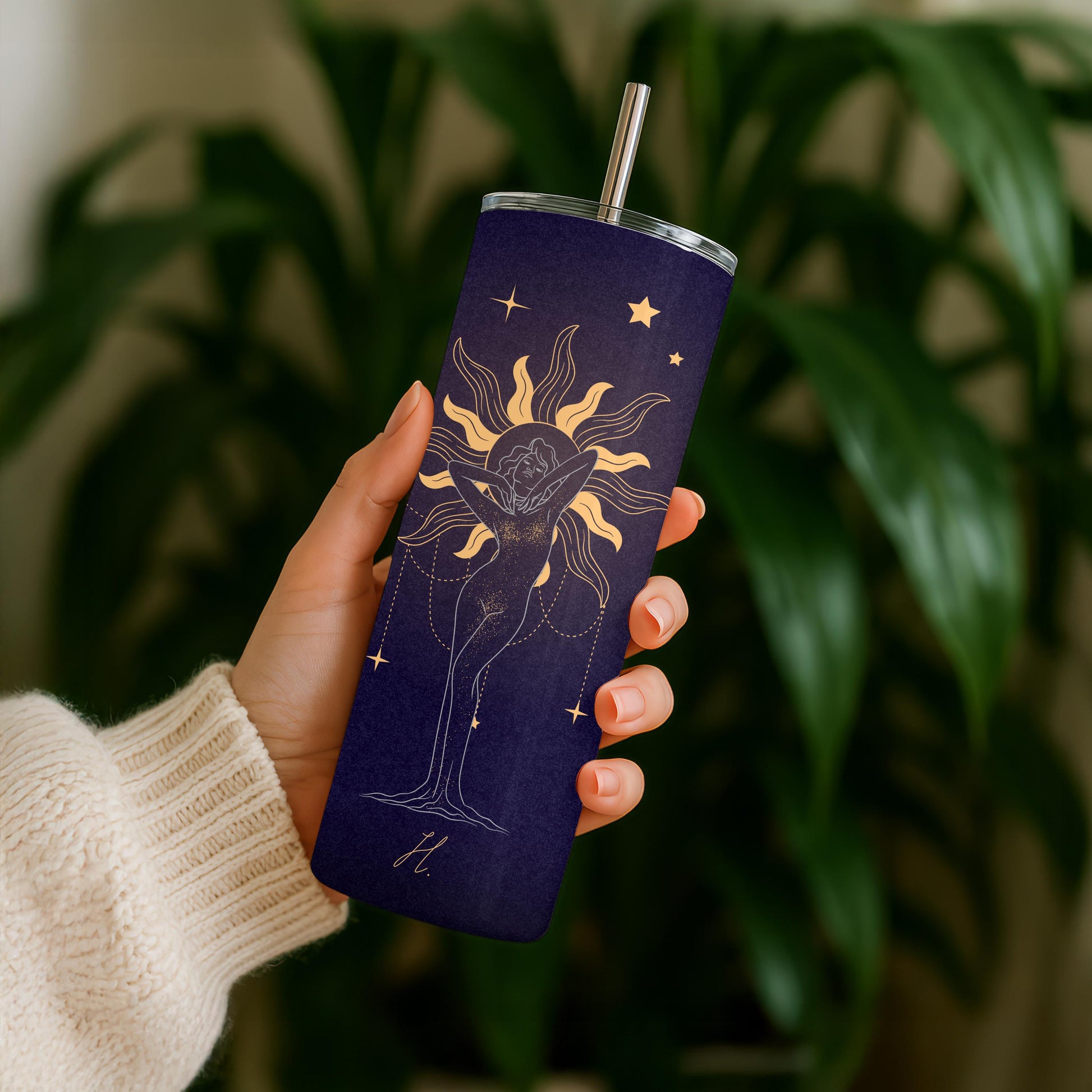 Custom Zodiac Tumbler, Personalized Gift for Her, 20oz Skinny Tumbler with Name, Celestial Sun Goddess Travel Mug