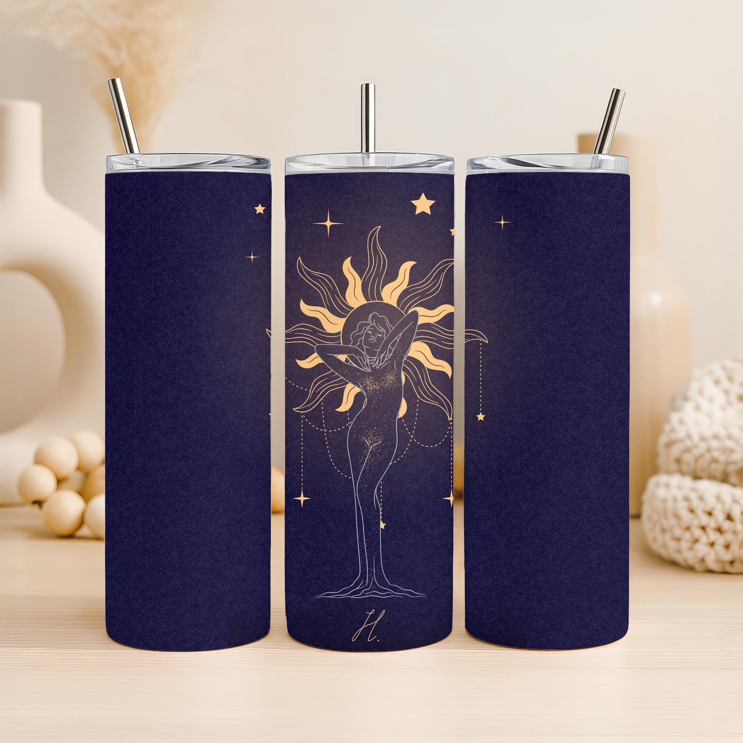 Custom Zodiac Tumbler, Personalized Gift for Her, 20oz Skinny Tumbler with Name, Celestial Sun Goddess Travel Mug