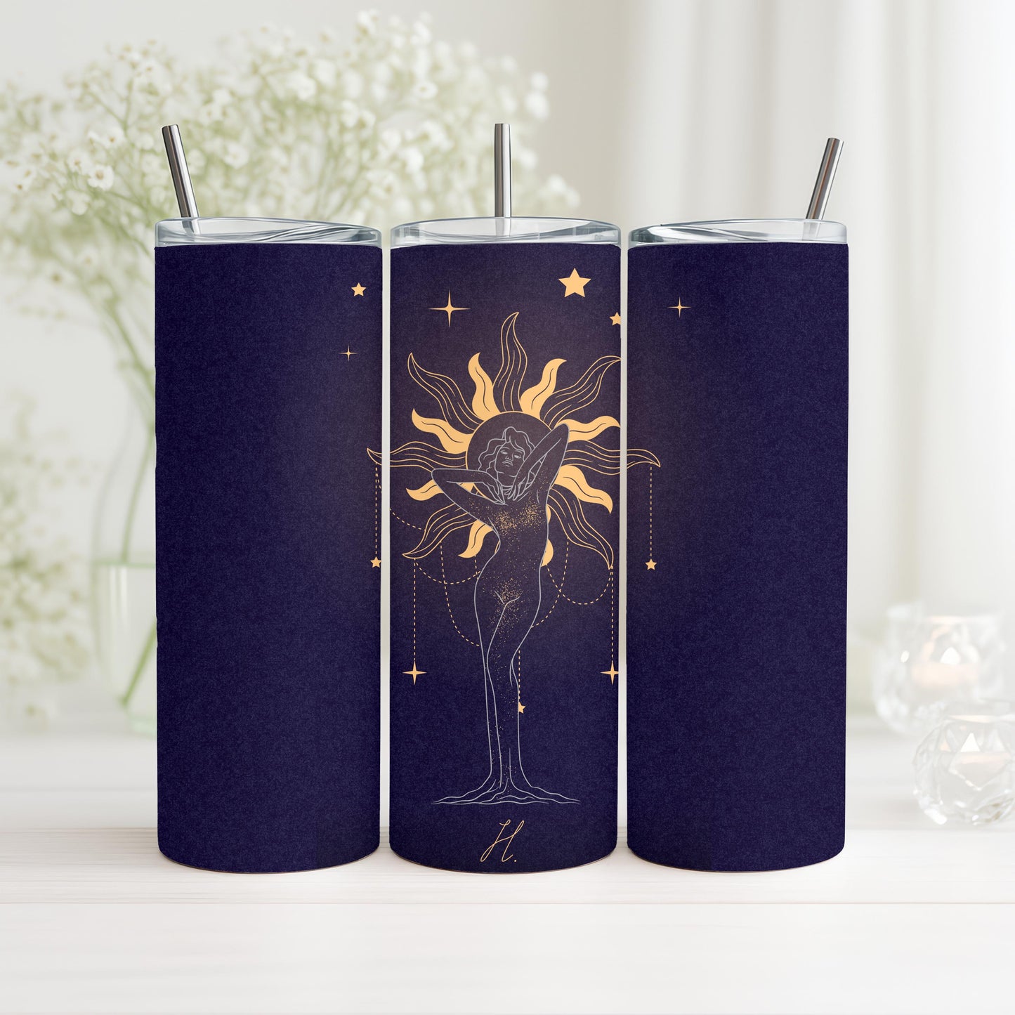 Custom Zodiac Tumbler, Personalized Gift for Her, 20oz Skinny Tumbler with Name, Celestial Sun Goddess Travel Mug