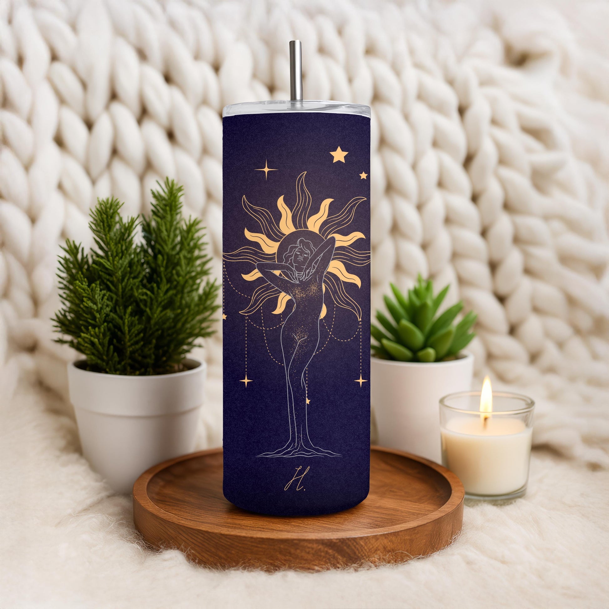 Custom Zodiac Tumbler, Personalized Gift for Her, 20oz Skinny Tumbler with Name, Celestial Sun Goddess Travel Mug