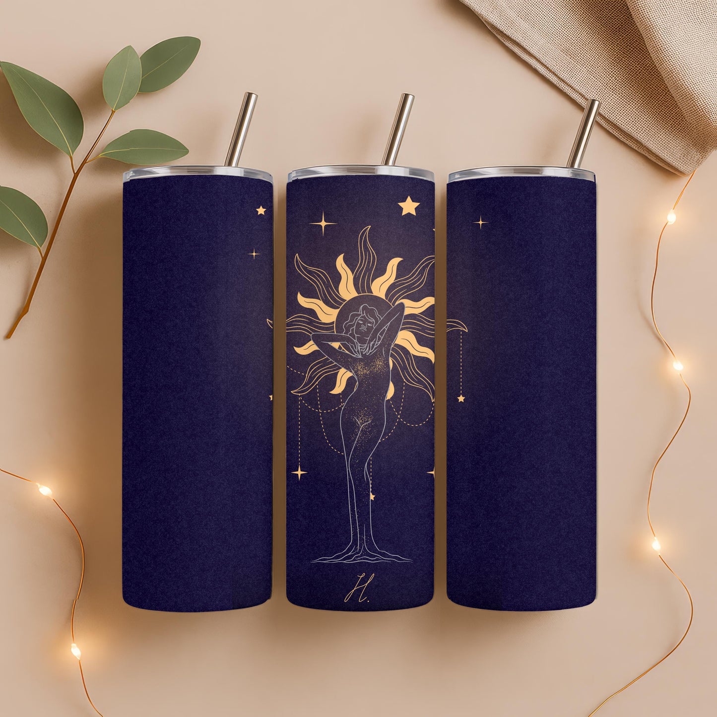 Custom Zodiac Tumbler, Personalized Gift for Her, 20oz Skinny Tumbler with Name, Celestial Sun Goddess Travel Mug