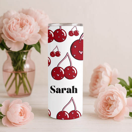 Personalized Cherry Tumbler, Custom Name 20oz Skinny Tumbler, Red Cherry Aesthetic Gift for Her, Cute Coquette Travel Mug