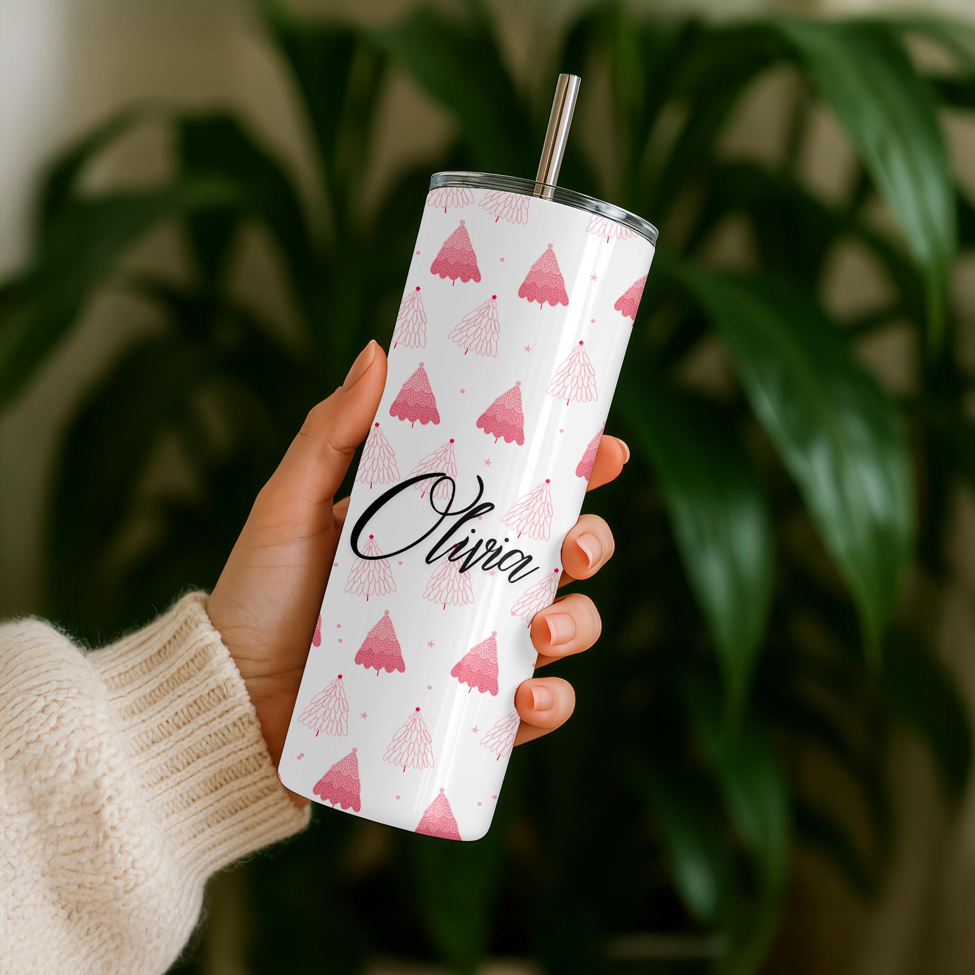 Personalized Pink Christmas Tumbler, Custom Name 20oz Skinny Tumbler, Christmas Tree Mug, Girly Christmas Gift for Her