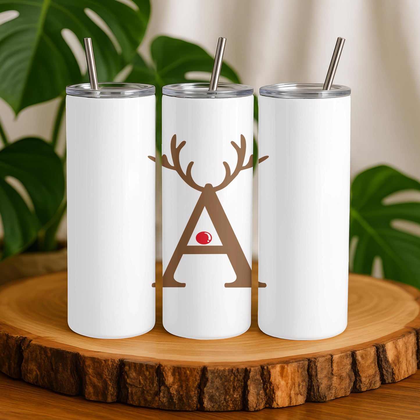 Personalized Christmas Tumbler, Gift for Her, Custom Letter Reindeer Cup, 20oz Skinny Tumbler with Name, Holiday Gift