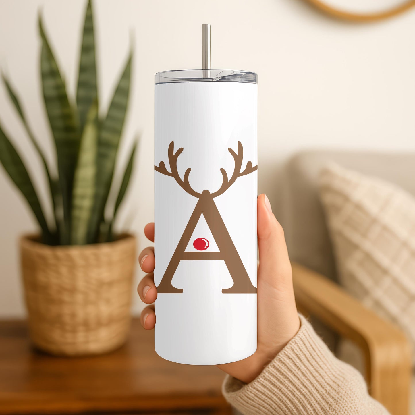 Personalized Christmas Tumbler, Gift for Her, Custom Letter Reindeer Cup, 20oz Skinny Tumbler with Name, Holiday Gift