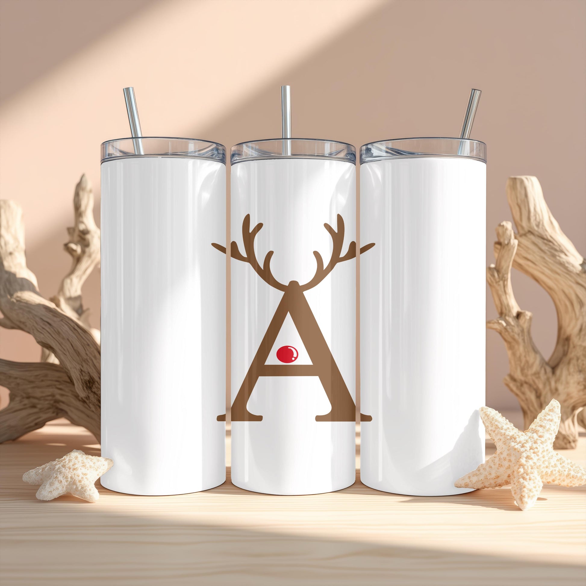 Personalized Christmas Tumbler, Gift for Her, Custom Letter Reindeer Cup, 20oz Skinny Tumbler with Name, Holiday Gift