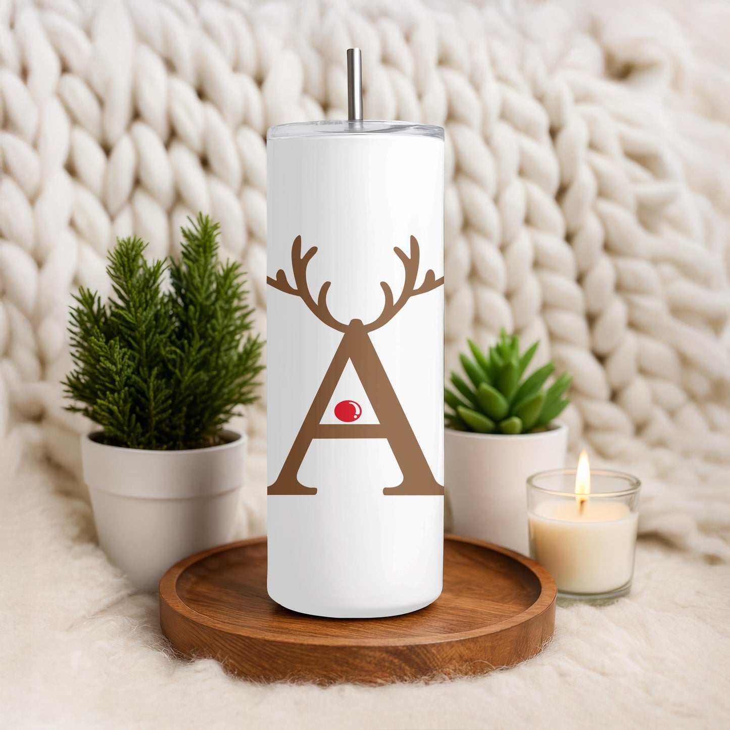 Personalized Christmas Tumbler, Gift for Her, Custom Letter Reindeer Cup, 20oz Skinny Tumbler with Name, Holiday Gift