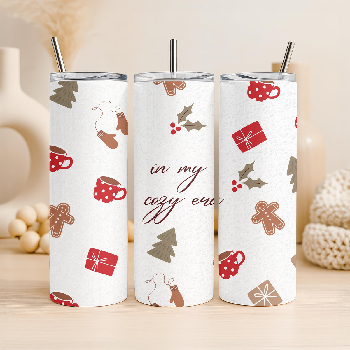In My Cozy Era Tumbler, Aesthetic Winter Holiday Gift for Her, 20oz Skinny Tumbler, Cute Gingerbread and Christmas Travel Mug