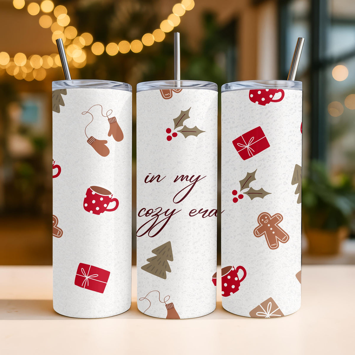 In My Cozy Era Tumbler, Aesthetic Winter Holiday Gift for Her, 20oz Skinny Tumbler, Cute Gingerbread and Christmas Travel Mug