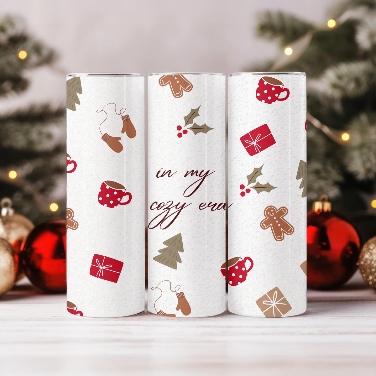 In My Cozy Era Tumbler, Aesthetic Winter Holiday Gift for Her, 20oz Skinny Tumbler, Cute Gingerbread and Christmas Travel Mug