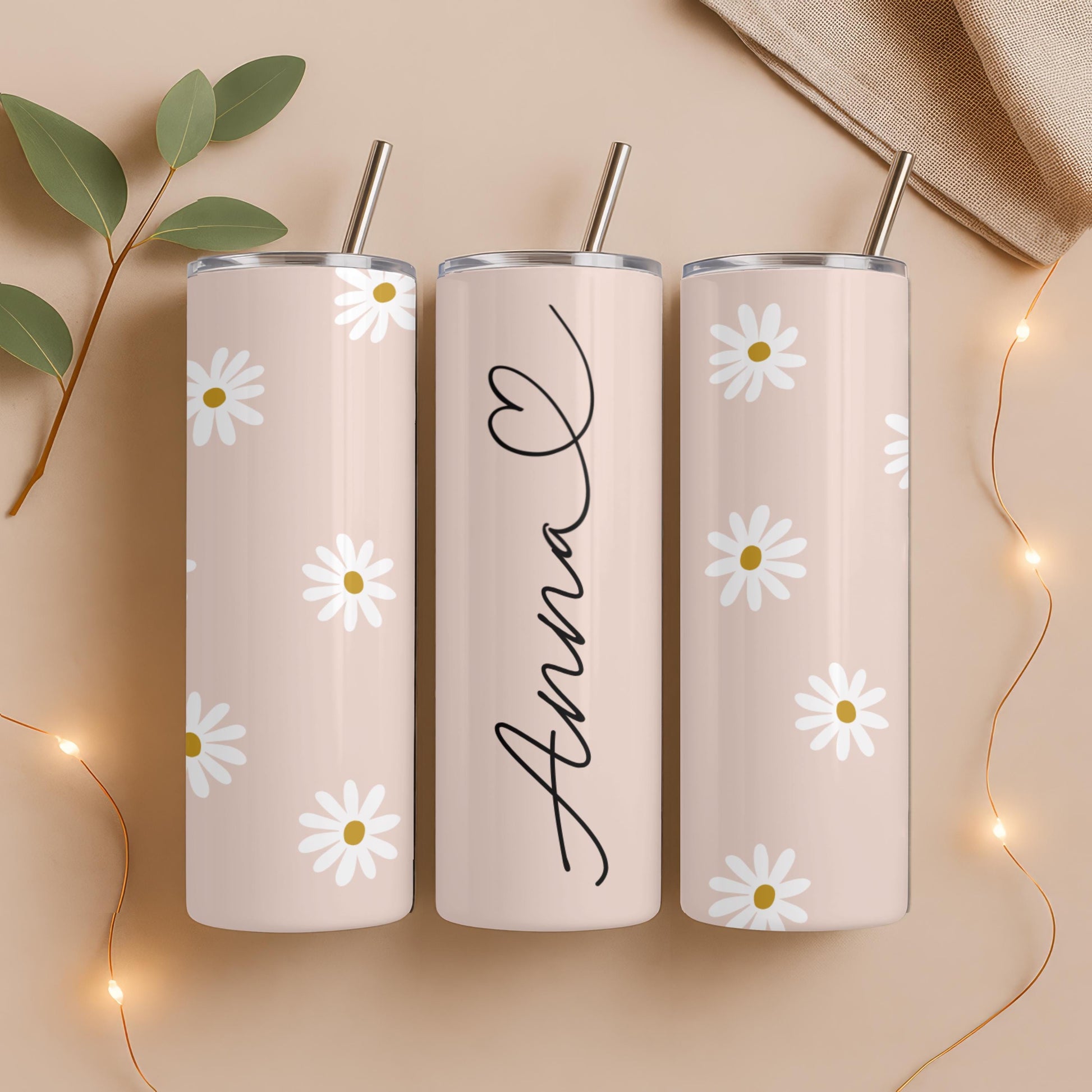 Personalized Daisy Tumbler with Name, Boho Floral 20oz Skinny Tumbler, Gift for Her, Bridesmaid Proposal Gift