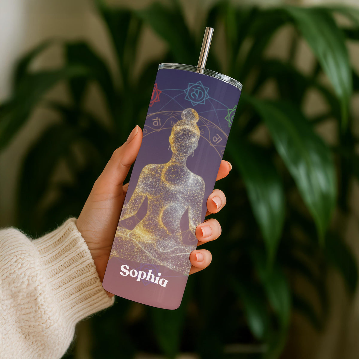 Personalized Yoga Tumbler with Name, Chakra Meditation Gift for Her, 20oz Skinny Tumbler, Custom Yoga Lover Travel Mug