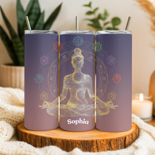 Personalized Yoga Tumbler with Name, Chakra Meditation Gift for Her, 20oz Skinny Tumbler, Custom Yoga Lover Travel Mug