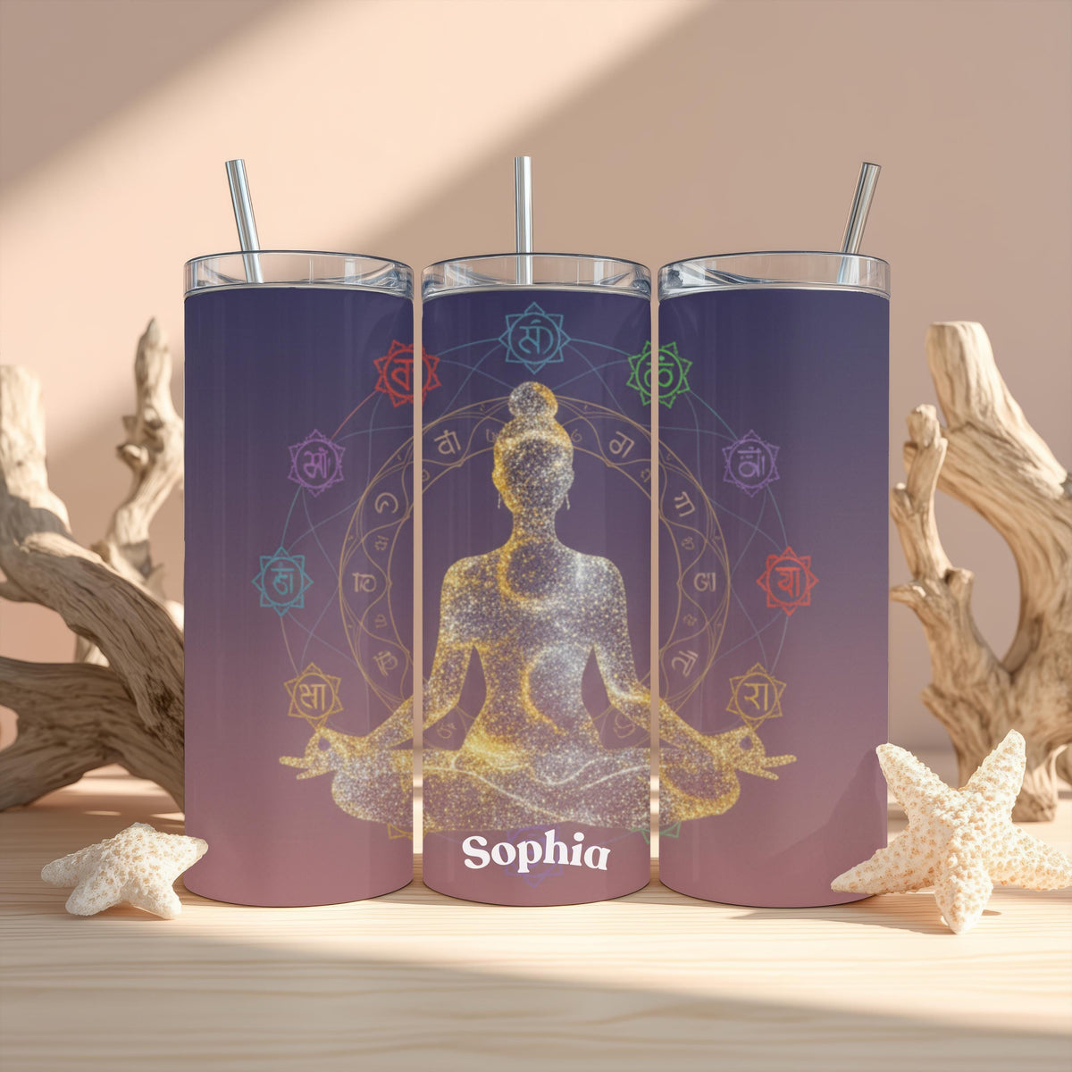 Personalized Yoga Tumbler with Name, Chakra Meditation Gift for Her, 20oz Skinny Tumbler, Custom Yoga Lover Travel Mug
