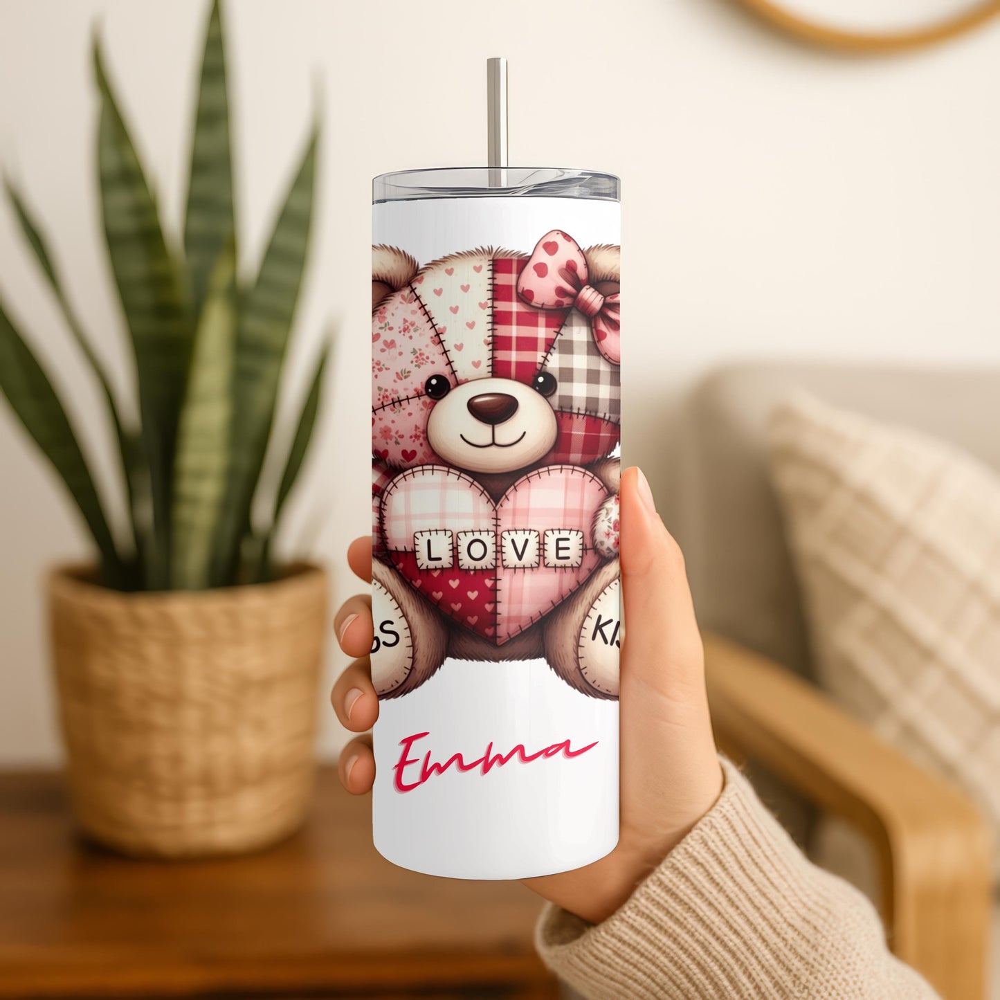 Personalized Valentine's Day Tumbler with Name, Cute Teddy Bear 20oz Skinny Tumbler, Gift for Her, Love Hugs and Kisses Custom Cup