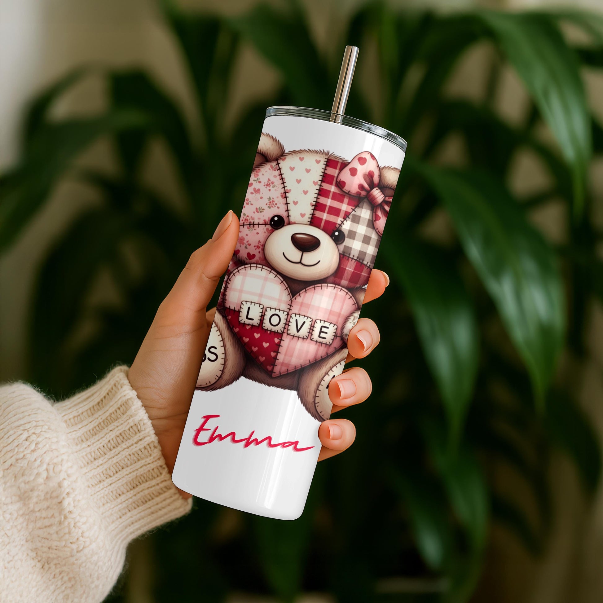 Personalized Valentine's Day Tumbler with Name, Cute Teddy Bear 20oz Skinny Tumbler, Gift for Her, Love Hugs and Kisses Custom Cup