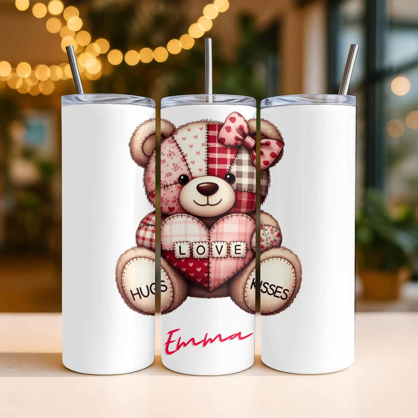 Personalized Valentine's Day Tumbler with Name, Cute Teddy Bear 20oz Skinny Tumbler, Gift for Her, Love Hugs and Kisses Custom Cup