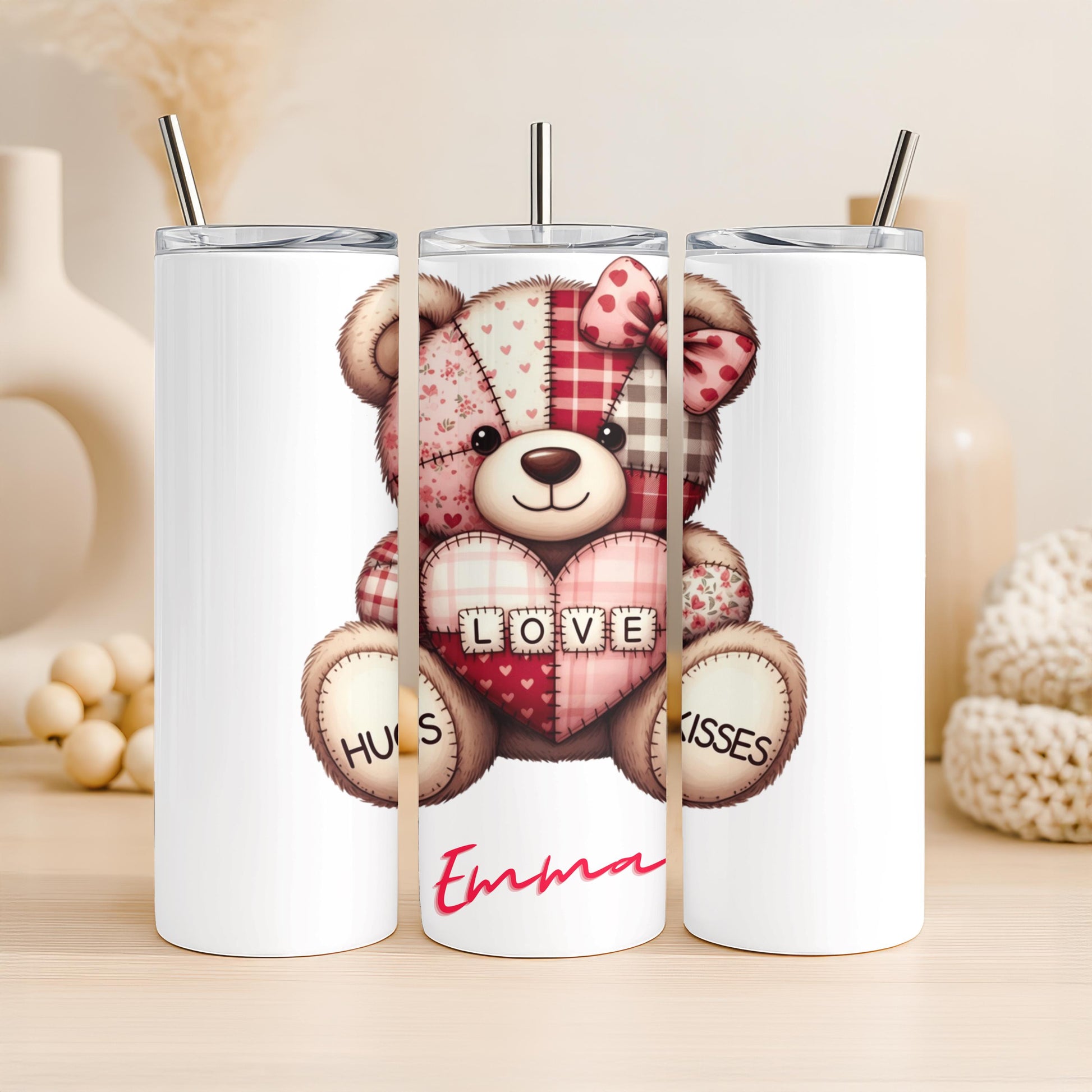 Personalized Valentine's Day Tumbler with Name, Cute Teddy Bear 20oz Skinny Tumbler, Gift for Her, Love Hugs and Kisses Custom Cup