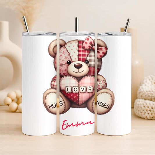Personalized Valentine's Day Tumbler with Name, Cute Teddy Bear 20oz Skinny Tumbler, Gift for Her, Love Hugs and Kisses Custom Cup