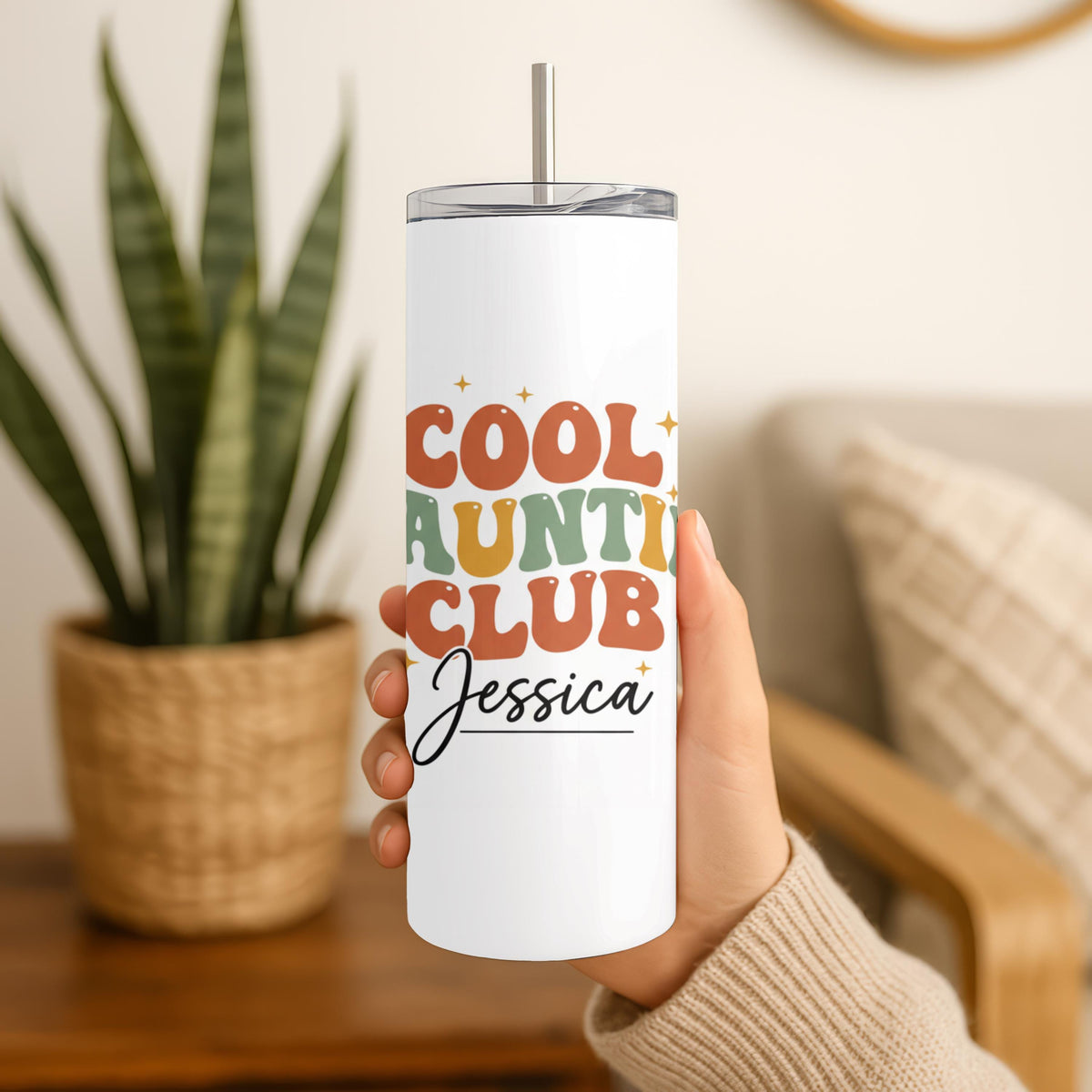 Personalized Cool Auntie Club Tumbler with Name, Retro Auntie Gift for Her, 20oz Skinny Tumbler, Custom New Aunt Gift