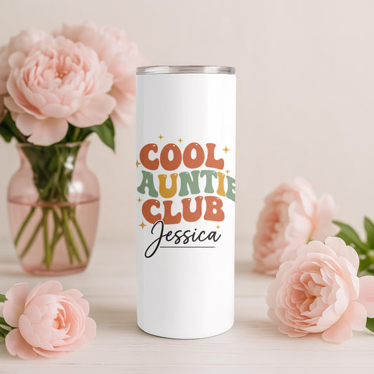 Personalized Cool Auntie Club Tumbler with Name, Retro Auntie Gift for Her, 20oz Skinny Tumbler, Custom New Aunt Gift