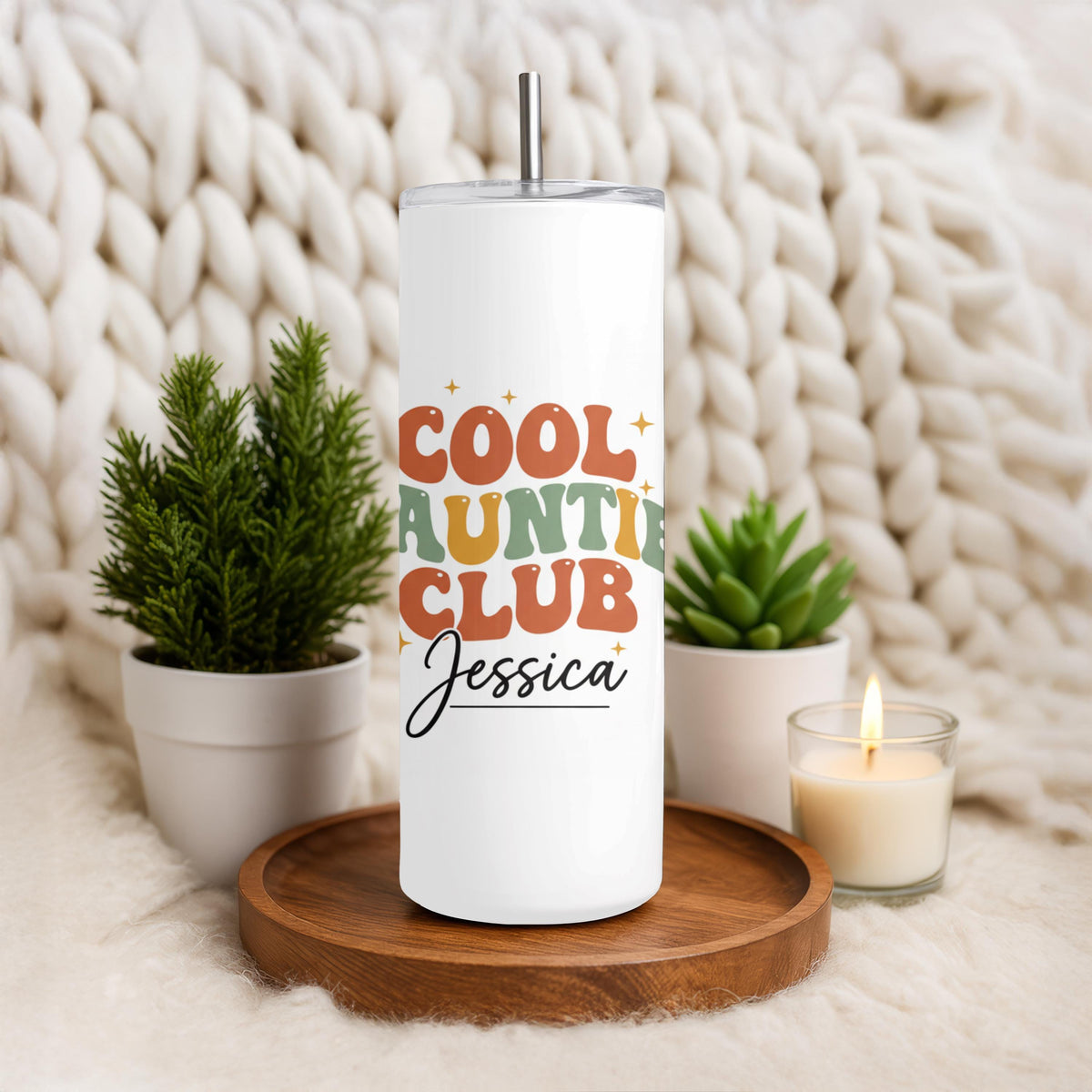 Personalized Cool Auntie Club Tumbler with Name, Retro Auntie Gift for Her, 20oz Skinny Tumbler, Custom New Aunt Gift
