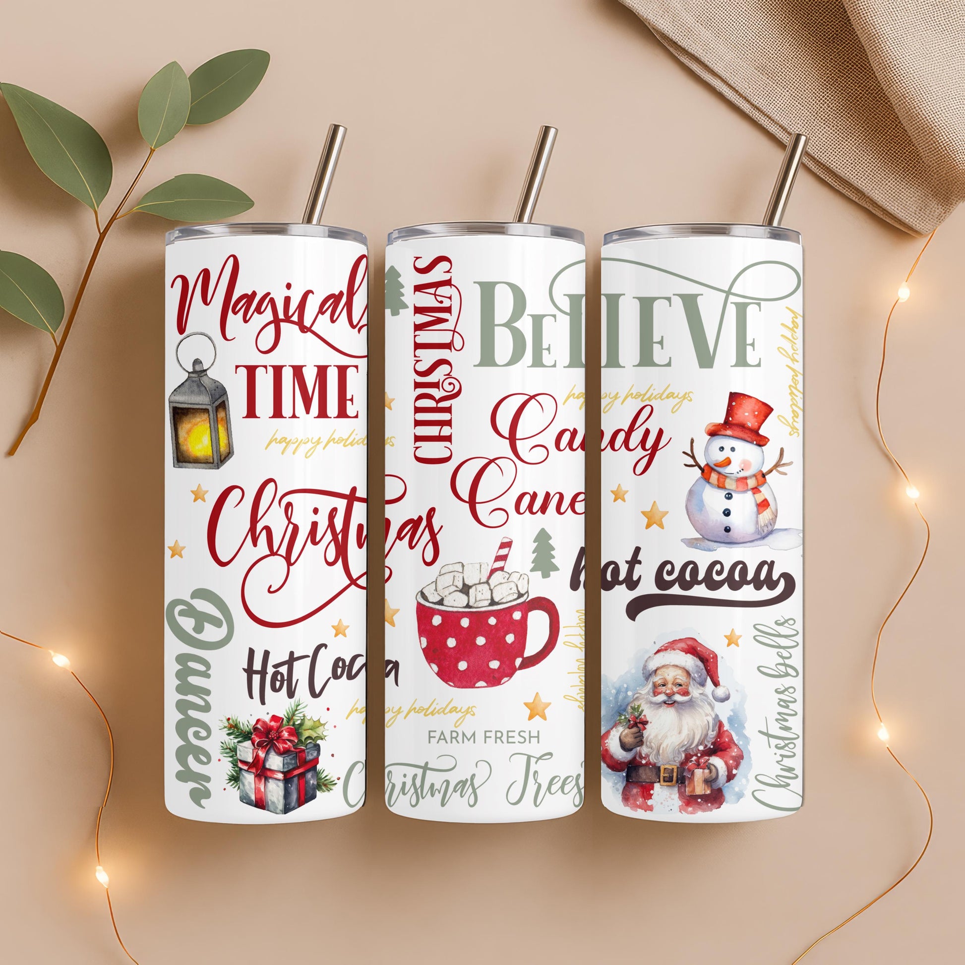 Christmas 20oz Skinny Tumbler, Santa and Snowman Holiday Cup, Aesthetic Gingerbread, Gift for Her