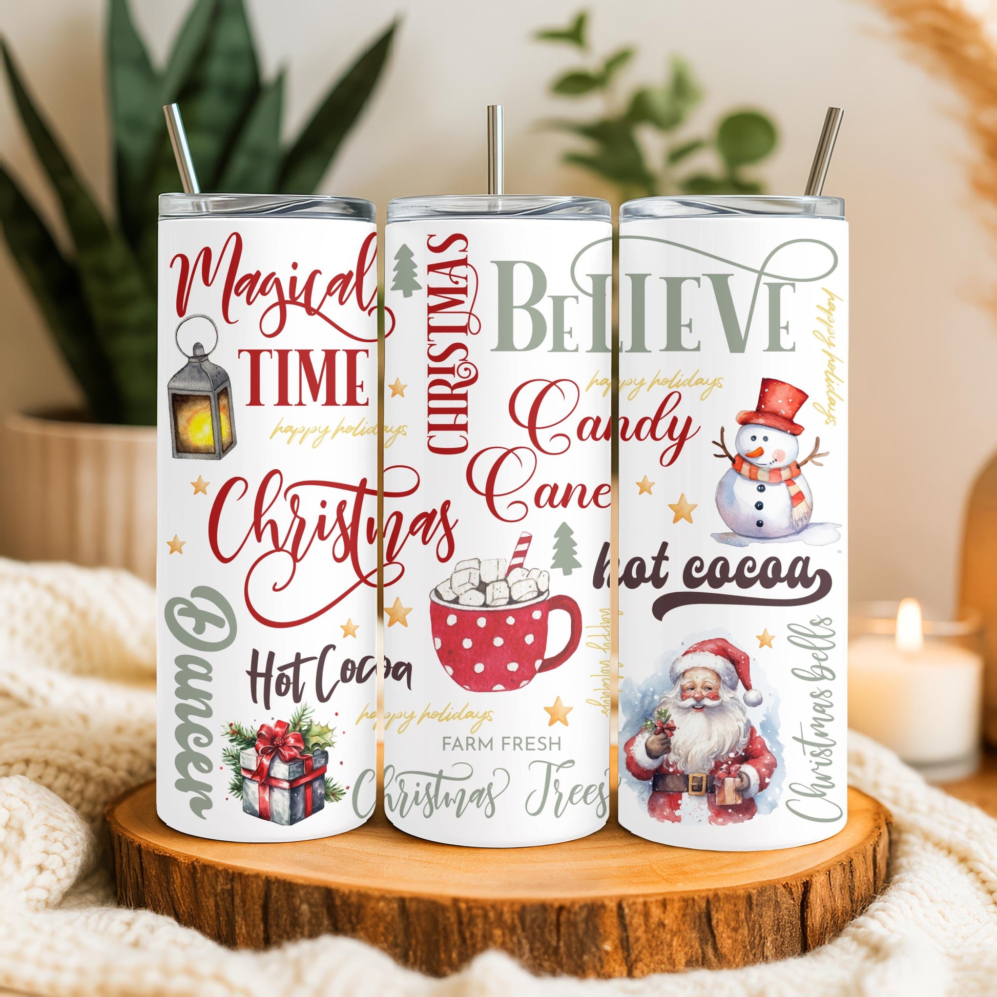 Christmas 20oz Skinny Tumbler, Santa and Snowman Holiday Cup, Aesthetic Gingerbread, Gift for Her