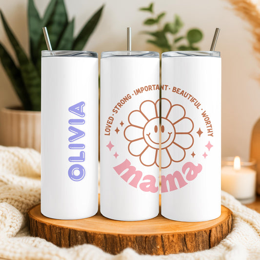 Personalized Mama Tumbler, Daisy Flower Mother's Day Gift, 20oz Skinny Tumbler for Mom, Custom Gift for Her