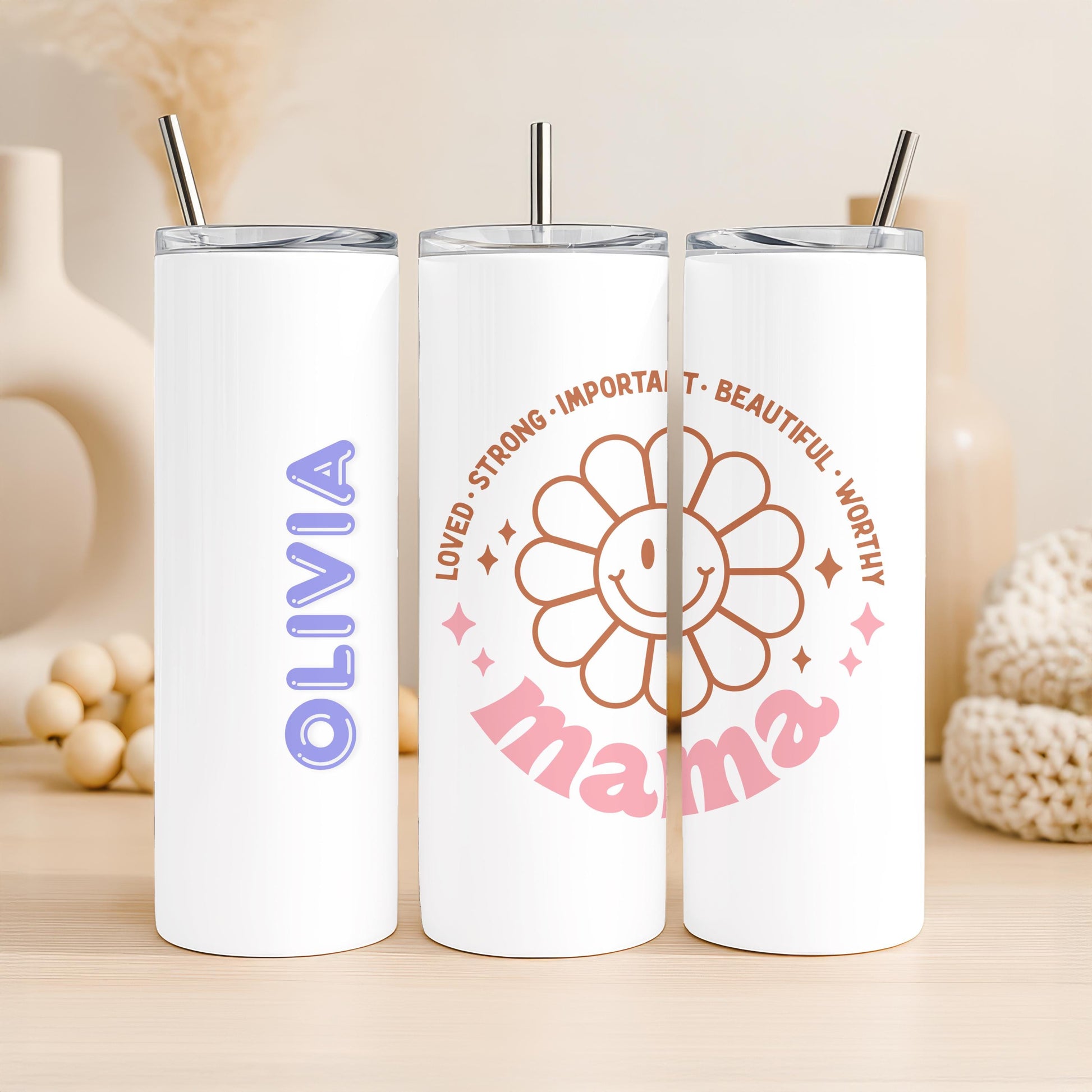 Personalized Mama Tumbler, Daisy Flower Mother's Day Gift, 20oz Skinny Tumbler for Mom, Custom Gift for Her