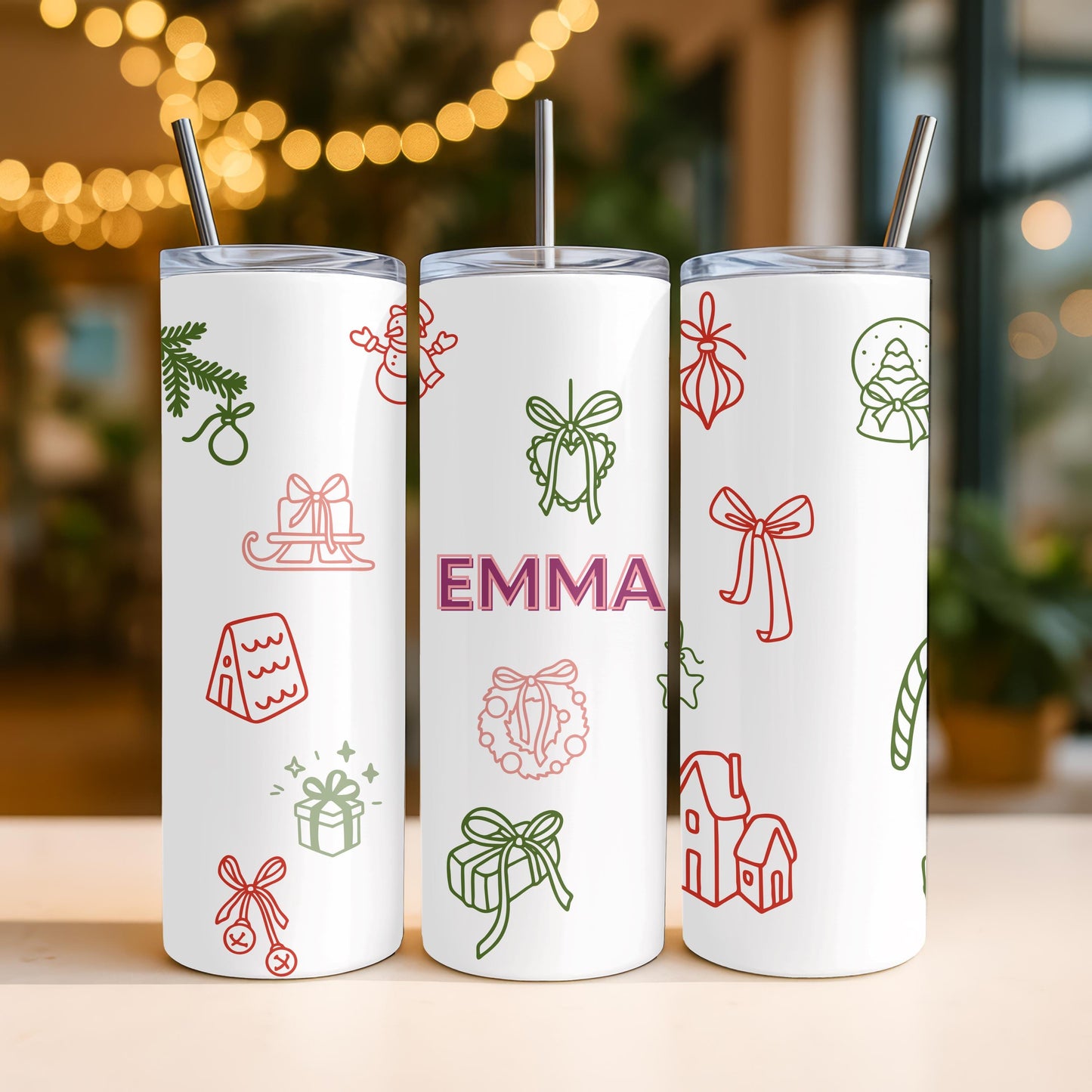 Personalized Christmas Tumbler with Name, Custom Xmas Doodle 20oz Skinny Tumbler, Aesthetic Holiday Gift for Her