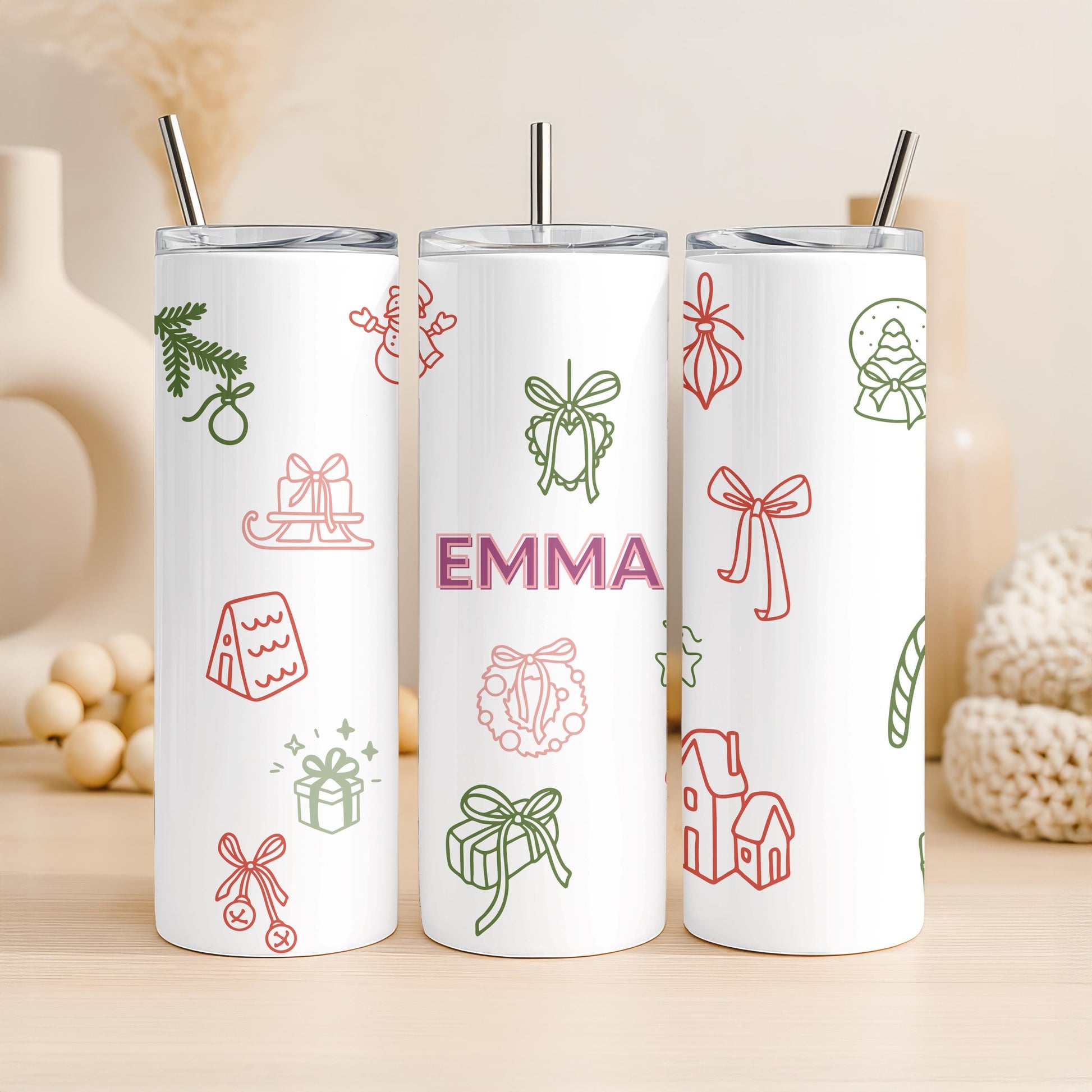 Personalized Christmas Tumbler with Name, Custom Xmas Doodle 20oz Skinny Tumbler, Aesthetic Holiday Gift for Her