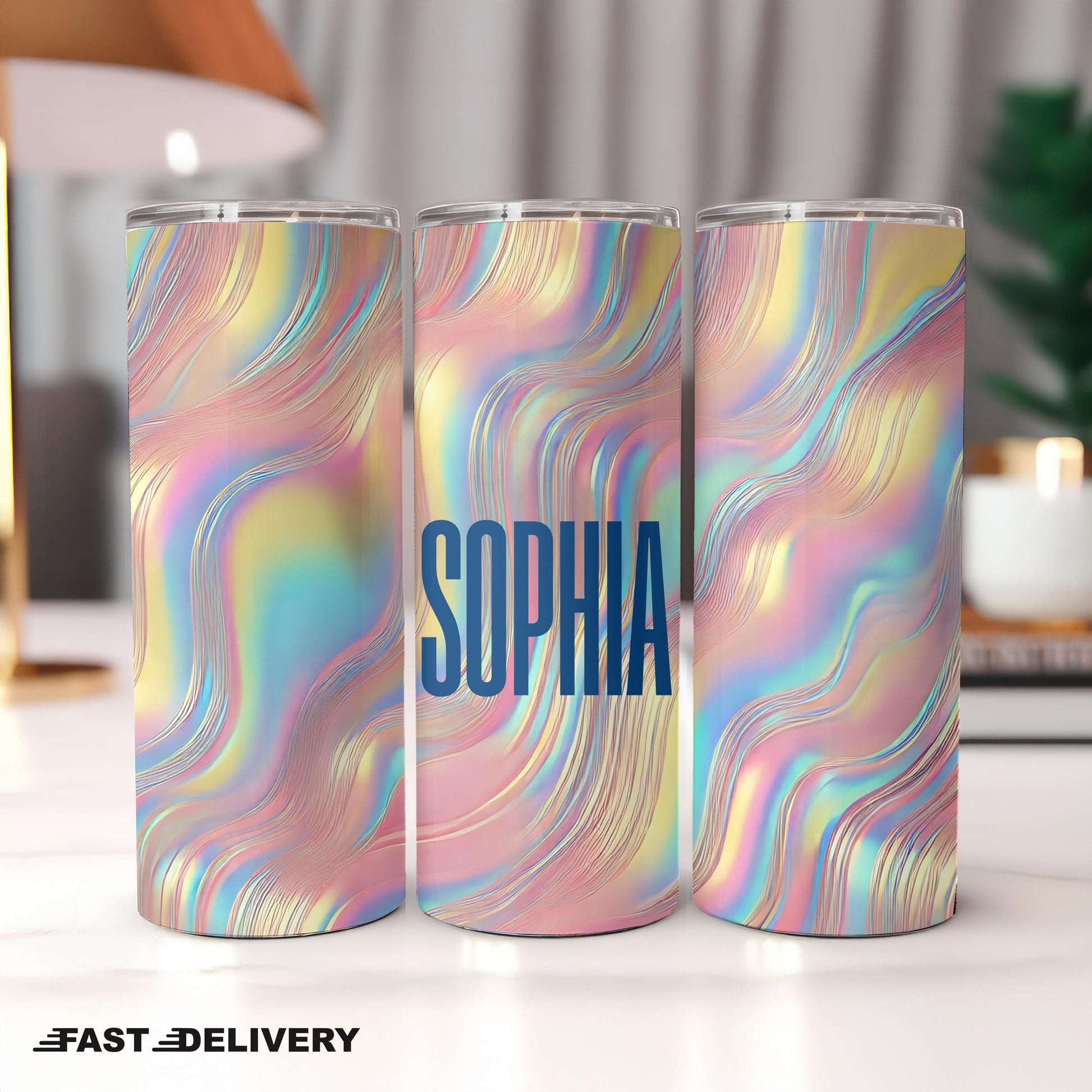 Personalized Iridescent Tumbler, Liquid Wave 20oz Skinny Tumbler, Custom Holographic Shimmer Cup