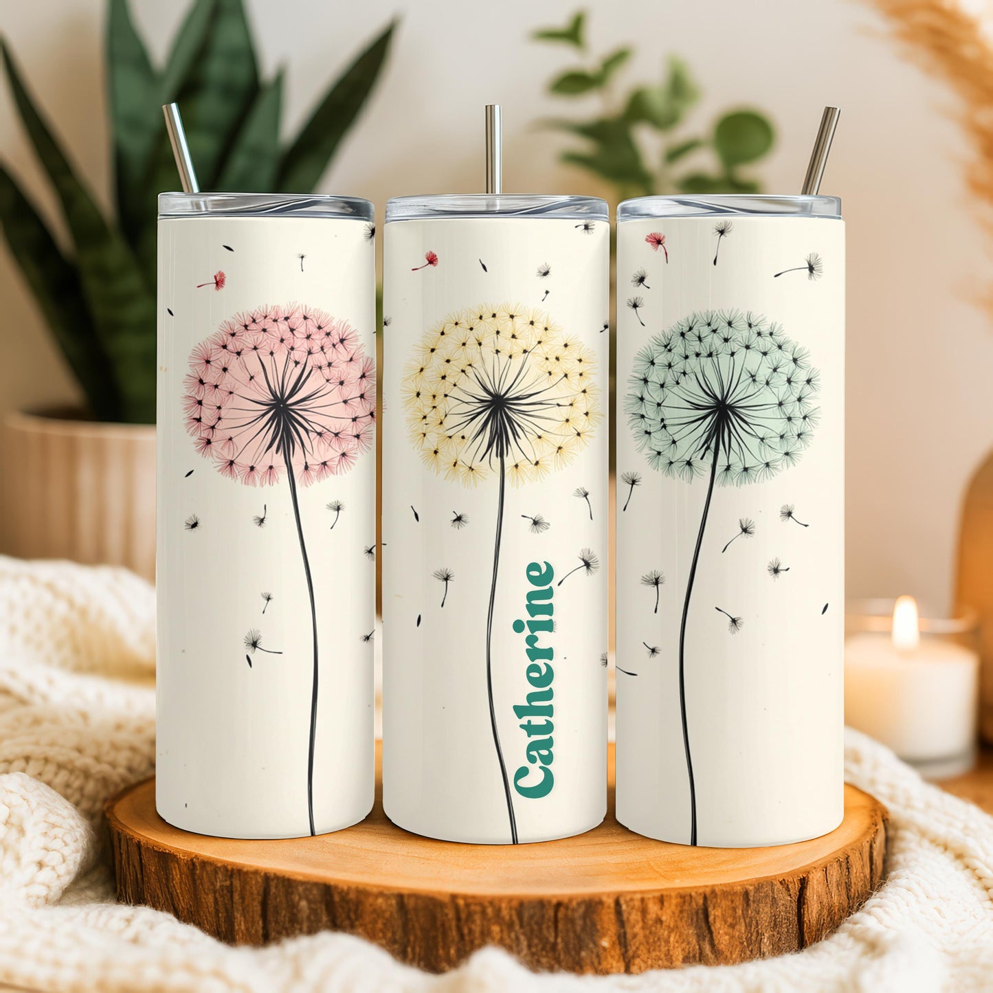 Personalized Dandelion Tumbler, Custom Name Wish Flower Cup, 20oz Skinny Tumbler, Nature Gift for Her