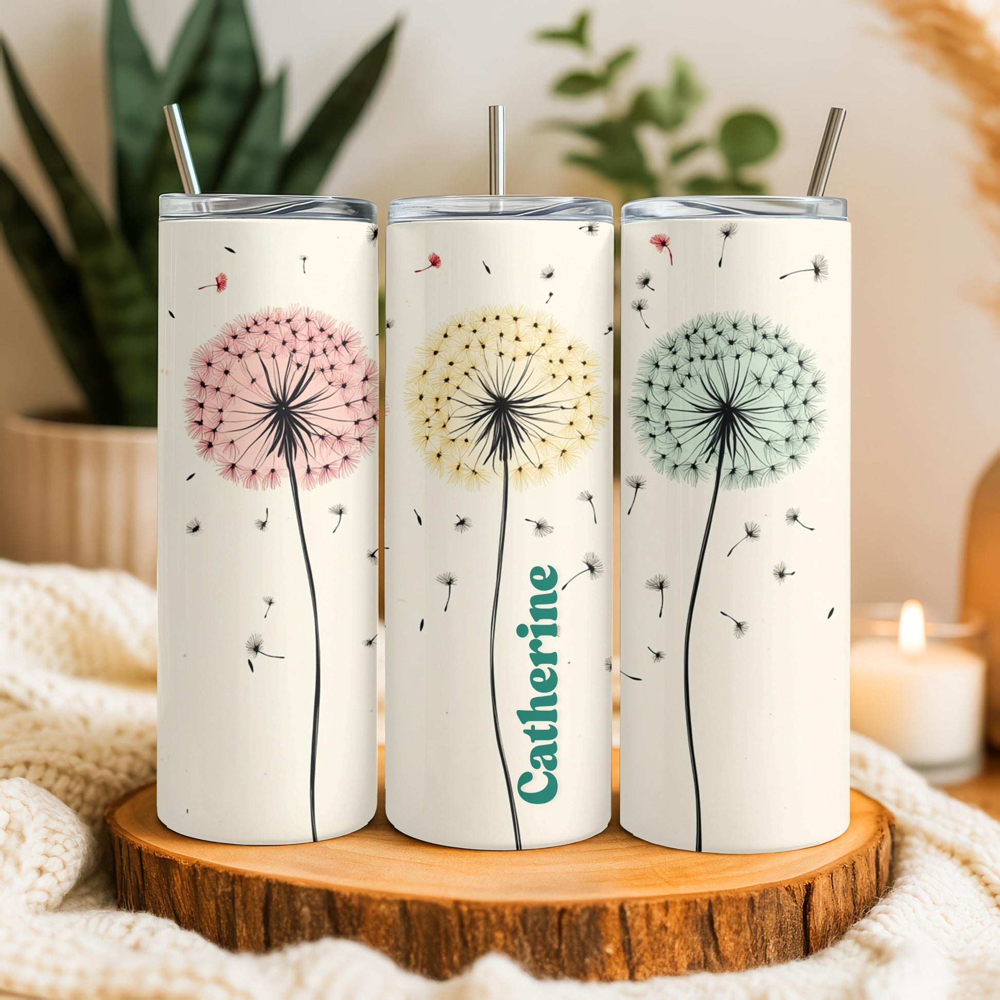 Personalized Dandelion Tumbler, Custom Name Wish Flower Cup, 20oz Skinny Tumbler, Nature Gift for Her