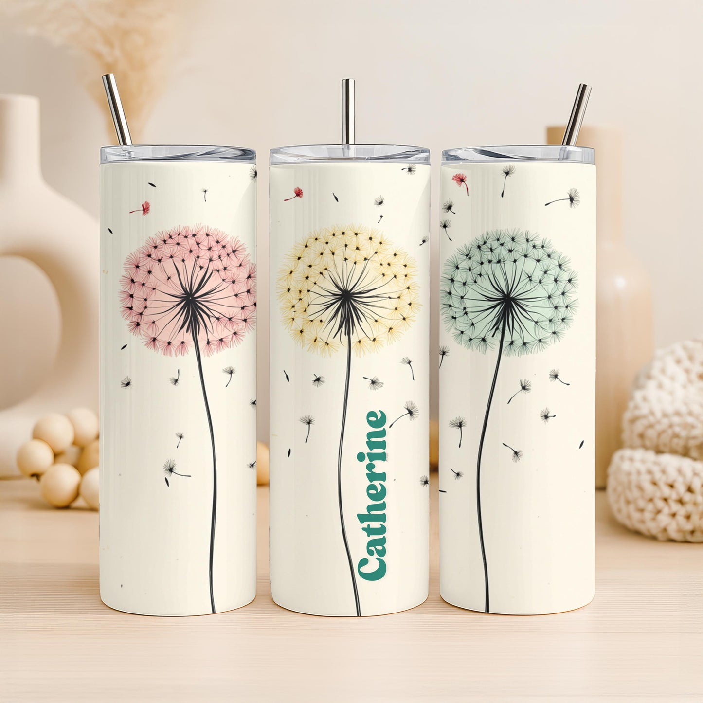 Personalized Dandelion Tumbler, Custom Name Wish Flower Cup, 20oz Skinny Tumbler, Nature Gift for Her