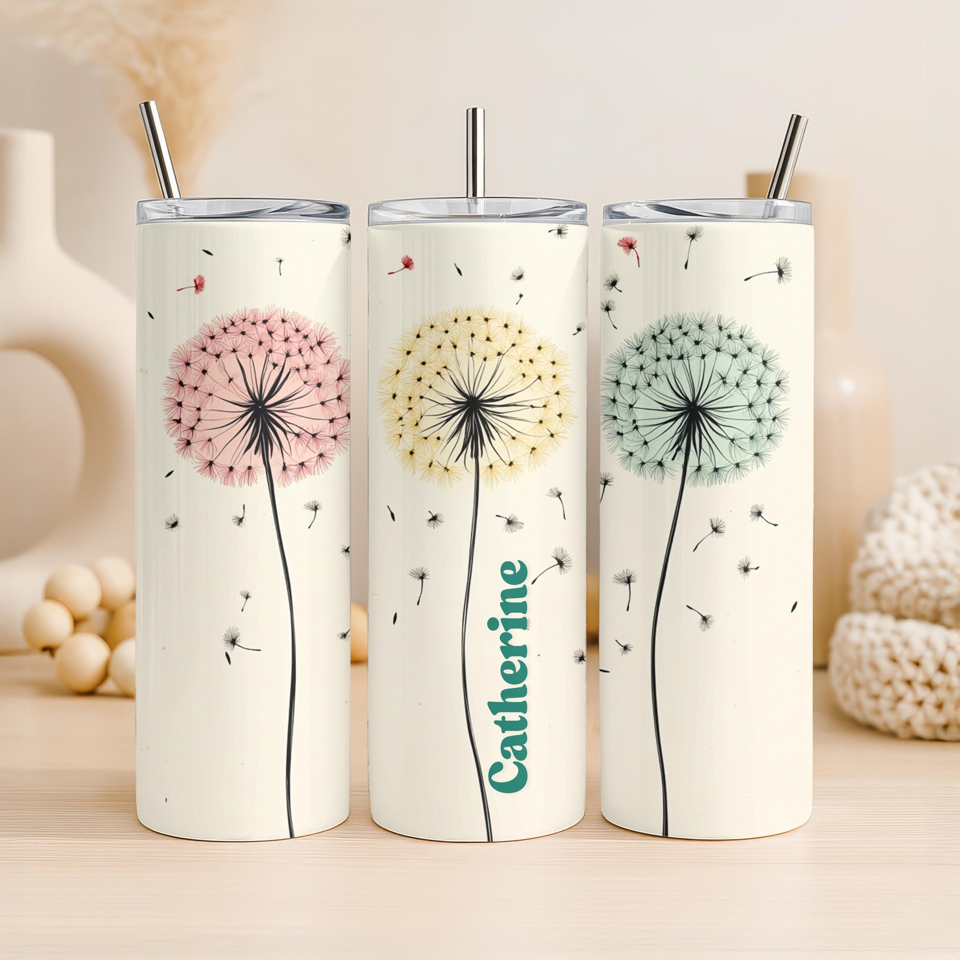 Personalized Dandelion Tumbler, Custom Name Wish Flower Cup, 20oz Skinny Tumbler, Nature Gift for Her