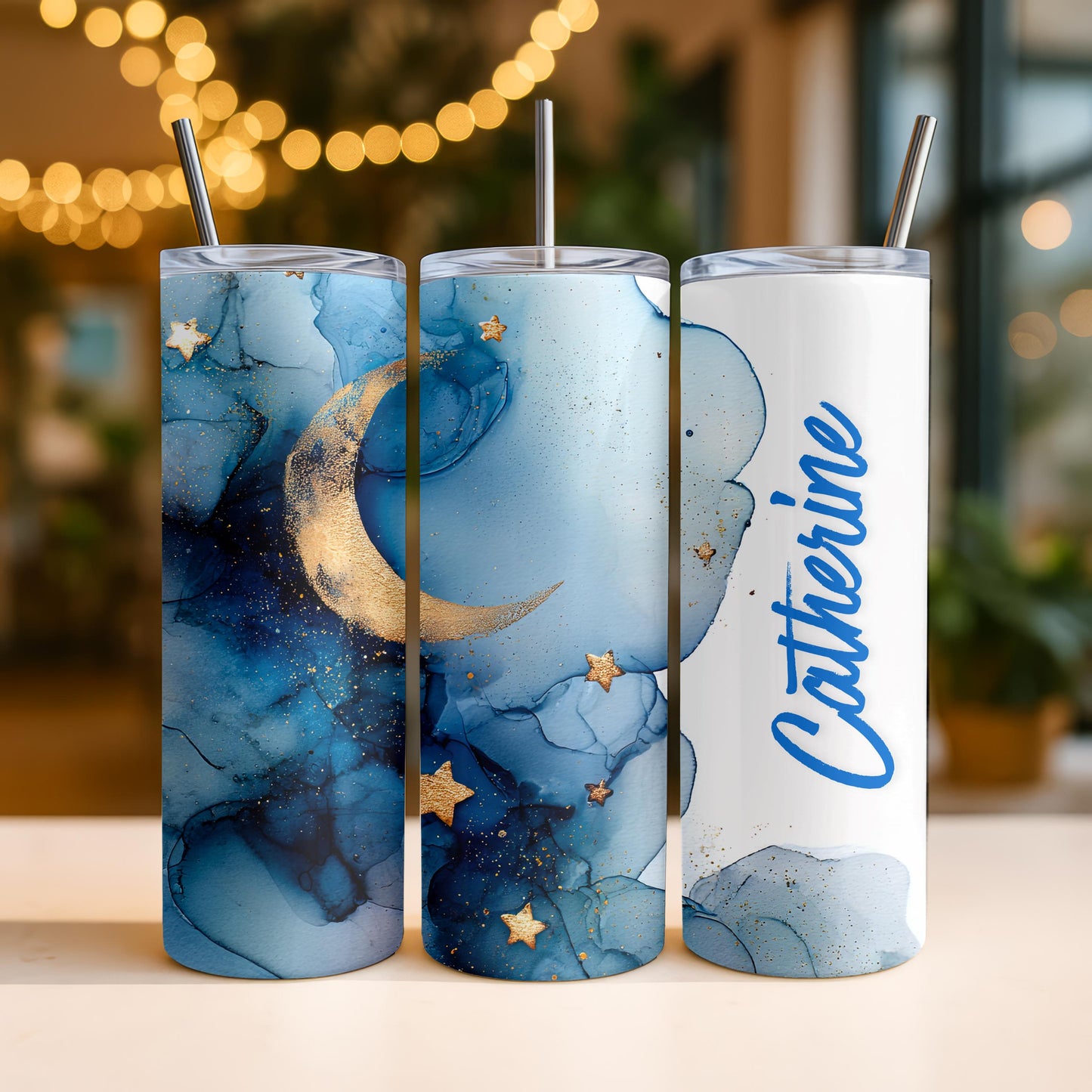 Personalized Celestial Tumbler with Name, Gold Moon and Stars Gift for Her, 20oz Skinny Travel Mug