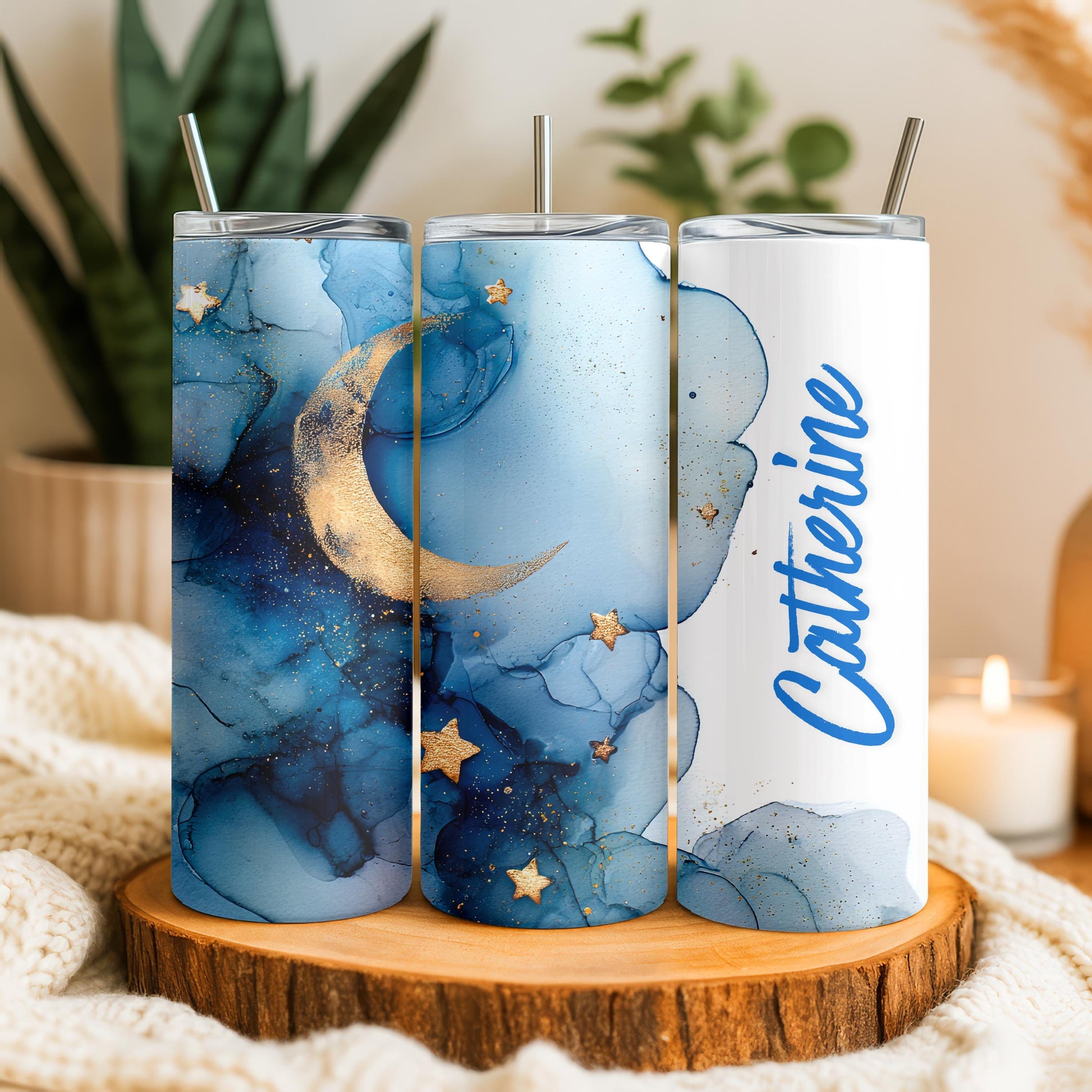 Personalized Celestial Tumbler with Name, Gold Moon and Stars Gift for Her, 20oz Skinny Travel Mug