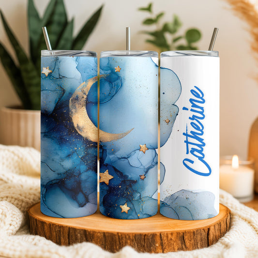 Personalized Celestial Tumbler with Name, Gold Moon and Stars Gift for Her, 20oz Skinny Travel Mug
