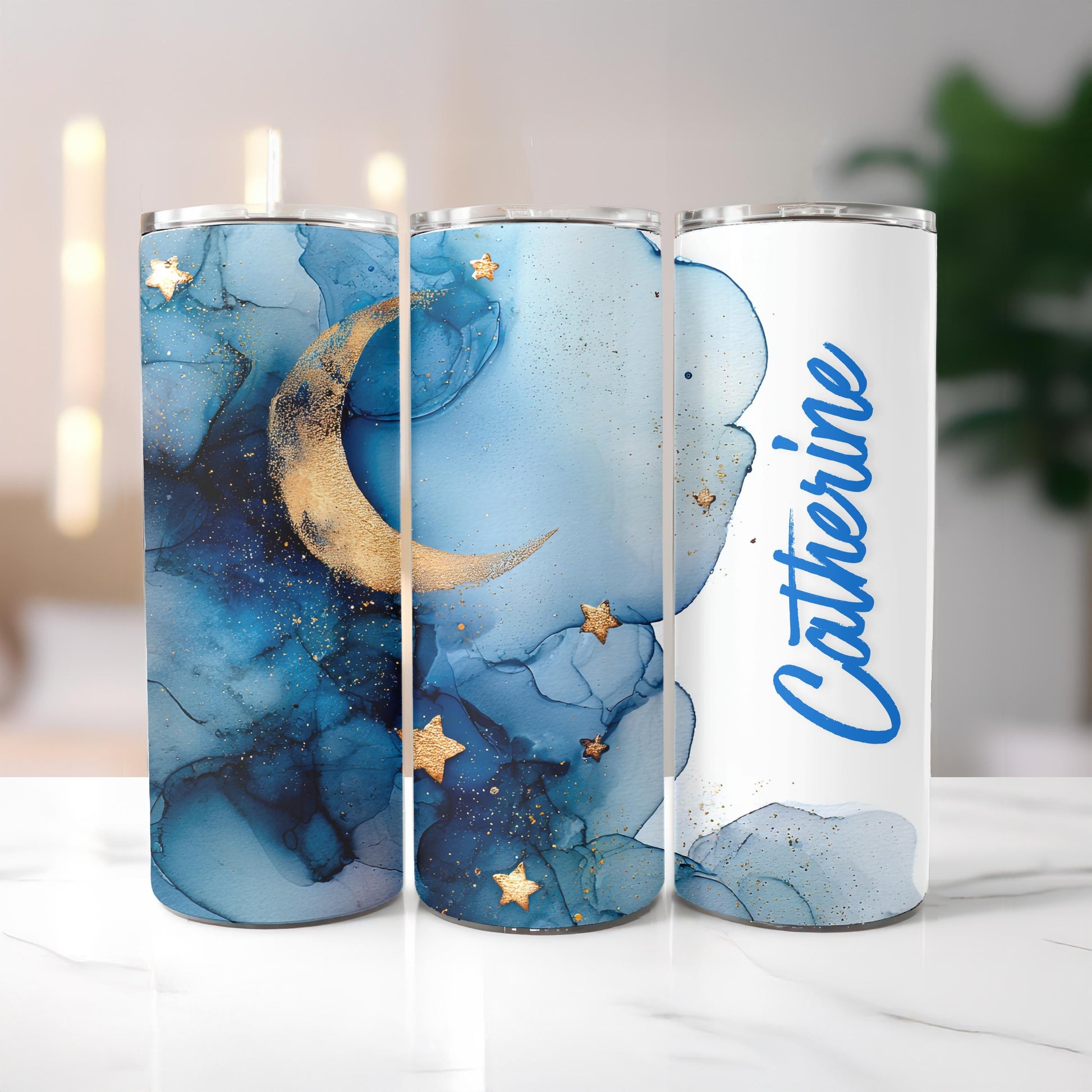 Personalized Celestial Tumbler with Name, Gold Moon and Stars Gift for Her, 20oz Skinny Travel Mug
