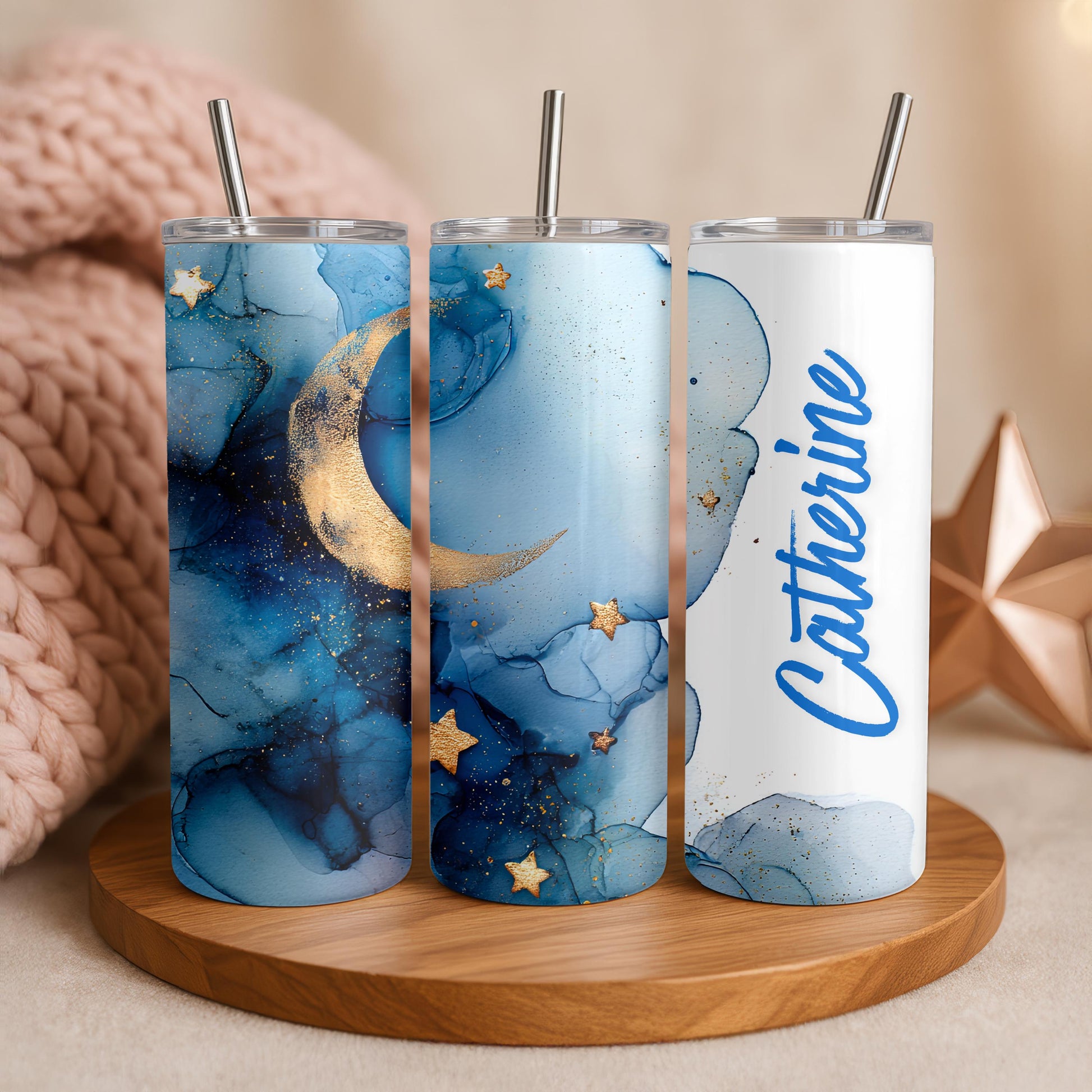 Personalized Celestial Tumbler with Name, Gold Moon and Stars Gift for Her, 20oz Skinny Travel Mug