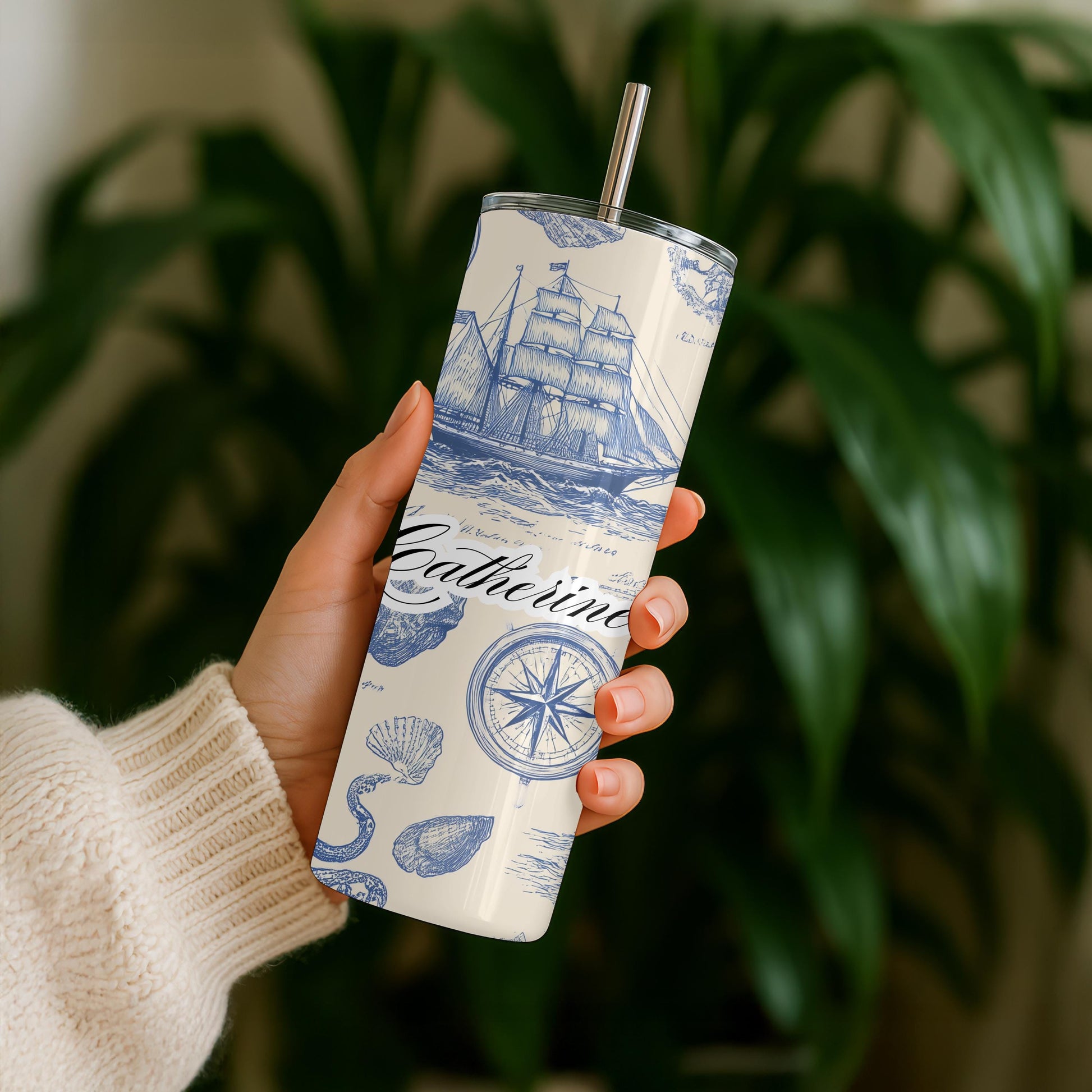 Personalized Nautical Tumbler with Name, Custom Lighthouse Gift for Him Her, Vintage Ocean 20oz Skinny Travel Mug