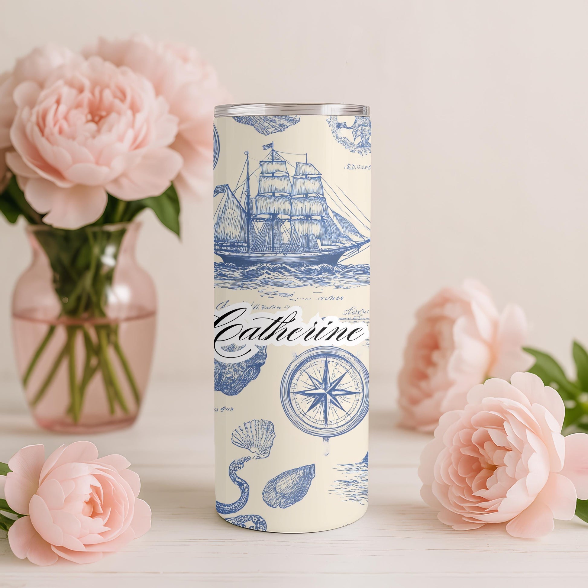 Personalized Nautical Tumbler with Name, Custom Lighthouse Gift for Him Her, Vintage Ocean 20oz Skinny Travel Mug