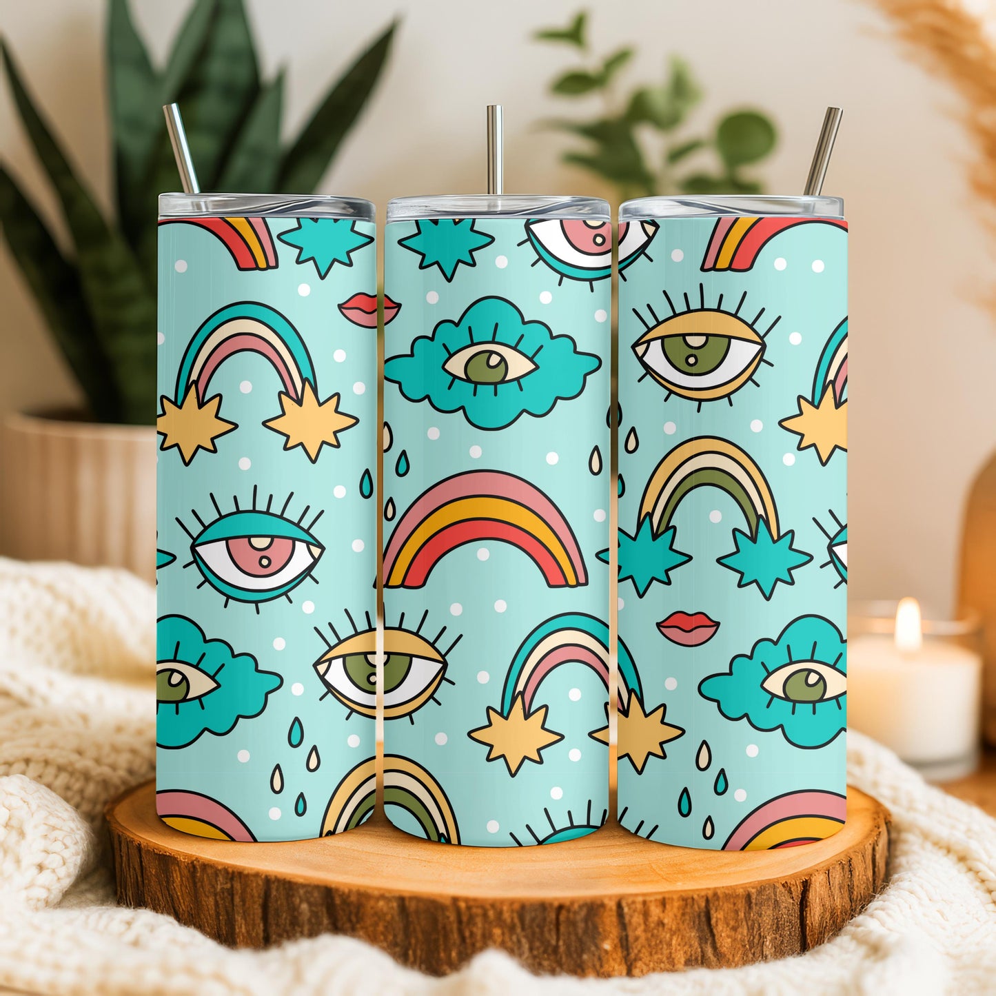 Groovy Retro Tumbler, Rainbow and Eye Pattern 20oz Skinny Tumbler, Aesthetic Trippy Gift for Her, Hippie Psychedelic Travel Mug