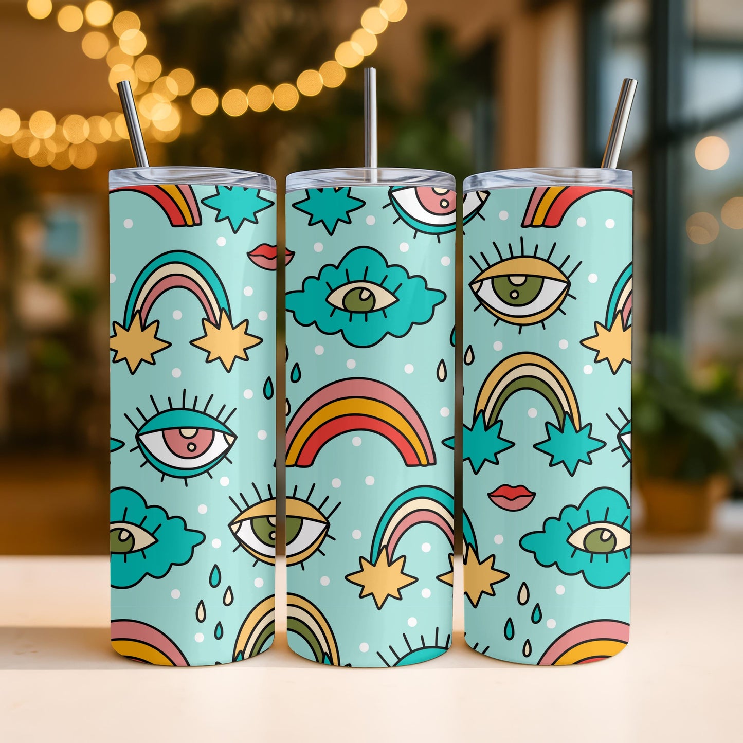 Groovy Retro Tumbler, Rainbow and Eye Pattern 20oz Skinny Tumbler, Aesthetic Trippy Gift for Her, Hippie Psychedelic Travel Mug
