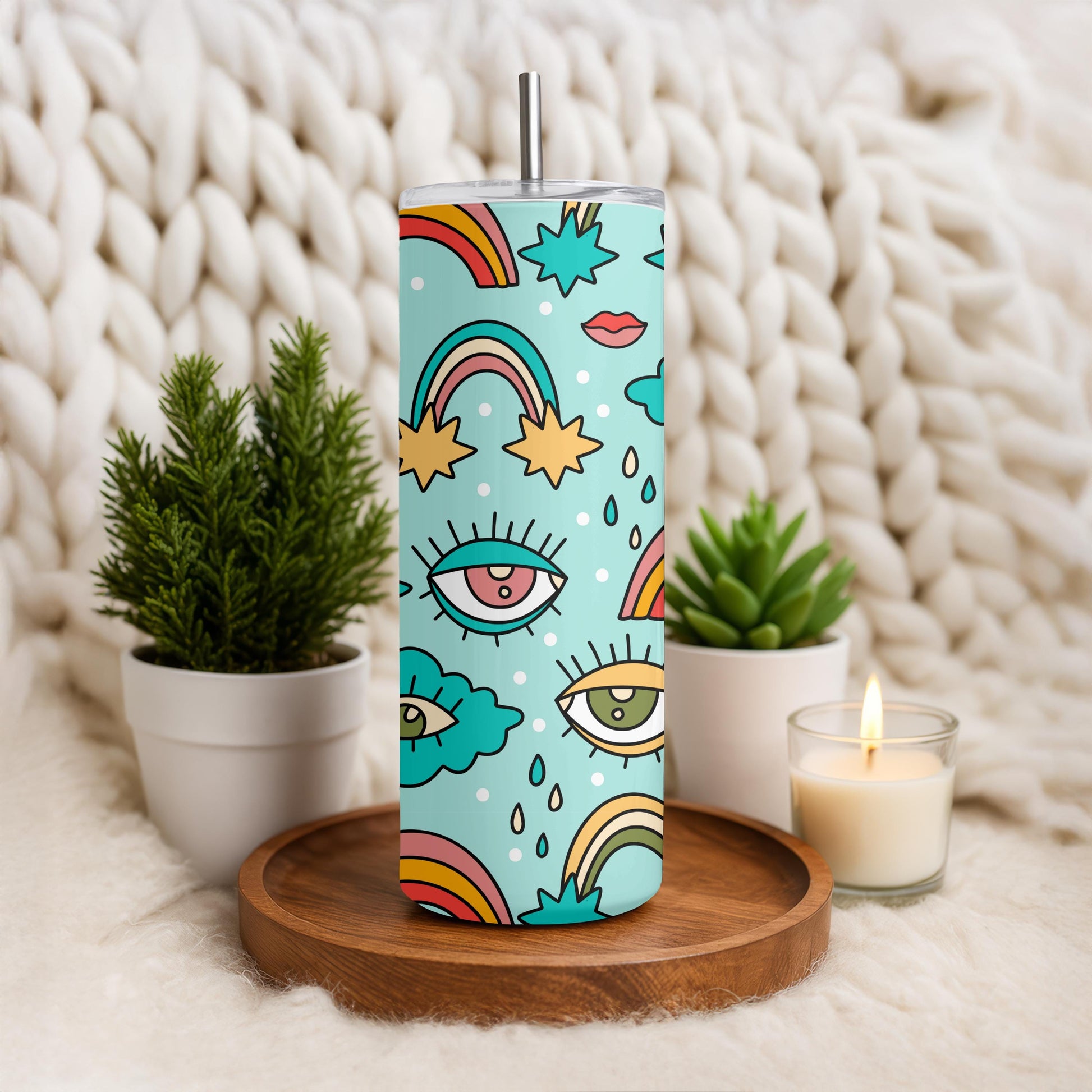 Groovy Retro Tumbler, Rainbow and Eye Pattern 20oz Skinny Tumbler, Aesthetic Trippy Gift for Her, Hippie Psychedelic Travel Mug